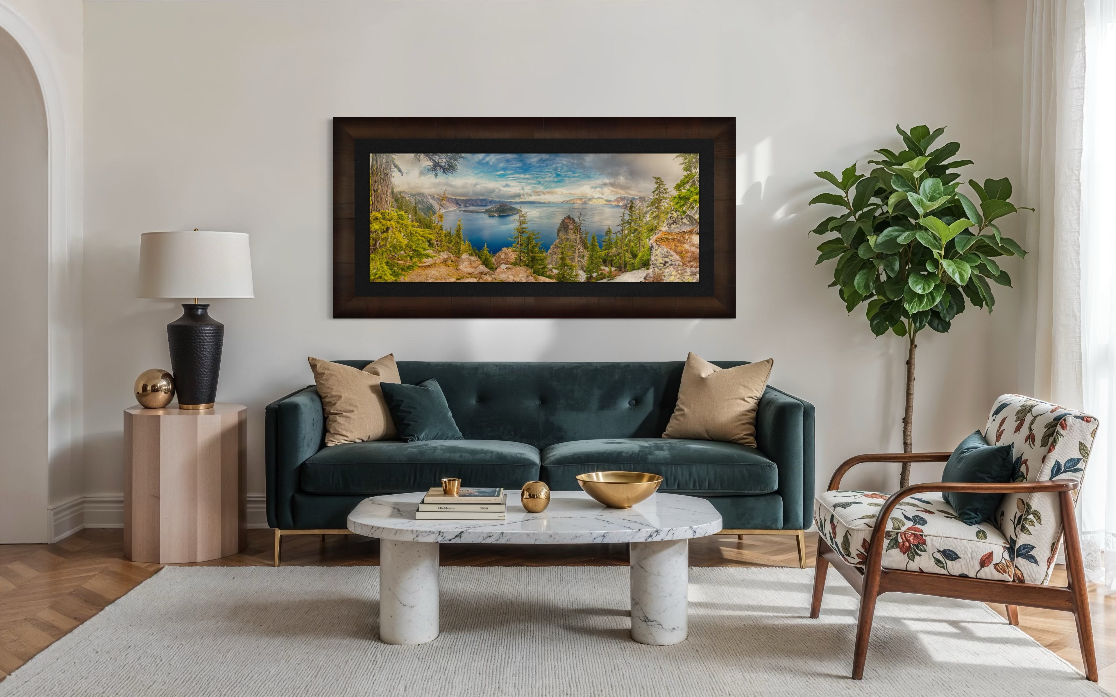 Crater Lake inside a caldera in Crater Lake National Park, Oregon, viewed from a wide angle at sunset with clouds in the sky. #Finish_Roma Cigar Leaf Frame & Dark Liner