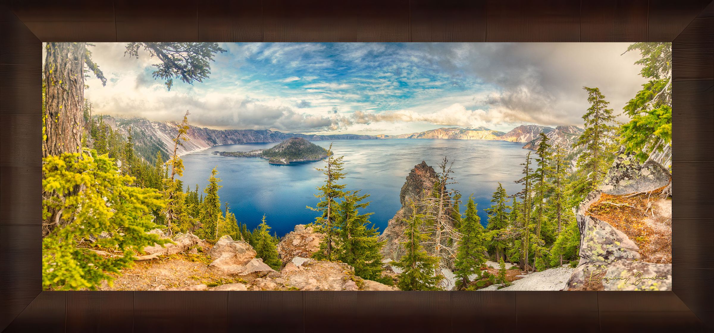 Crater Lake inside a caldera in Crater Lake National Park, Oregon, viewed from a wide angle at sunset with clouds in the sky. #Finish_Roma Cigar Leaf Frame