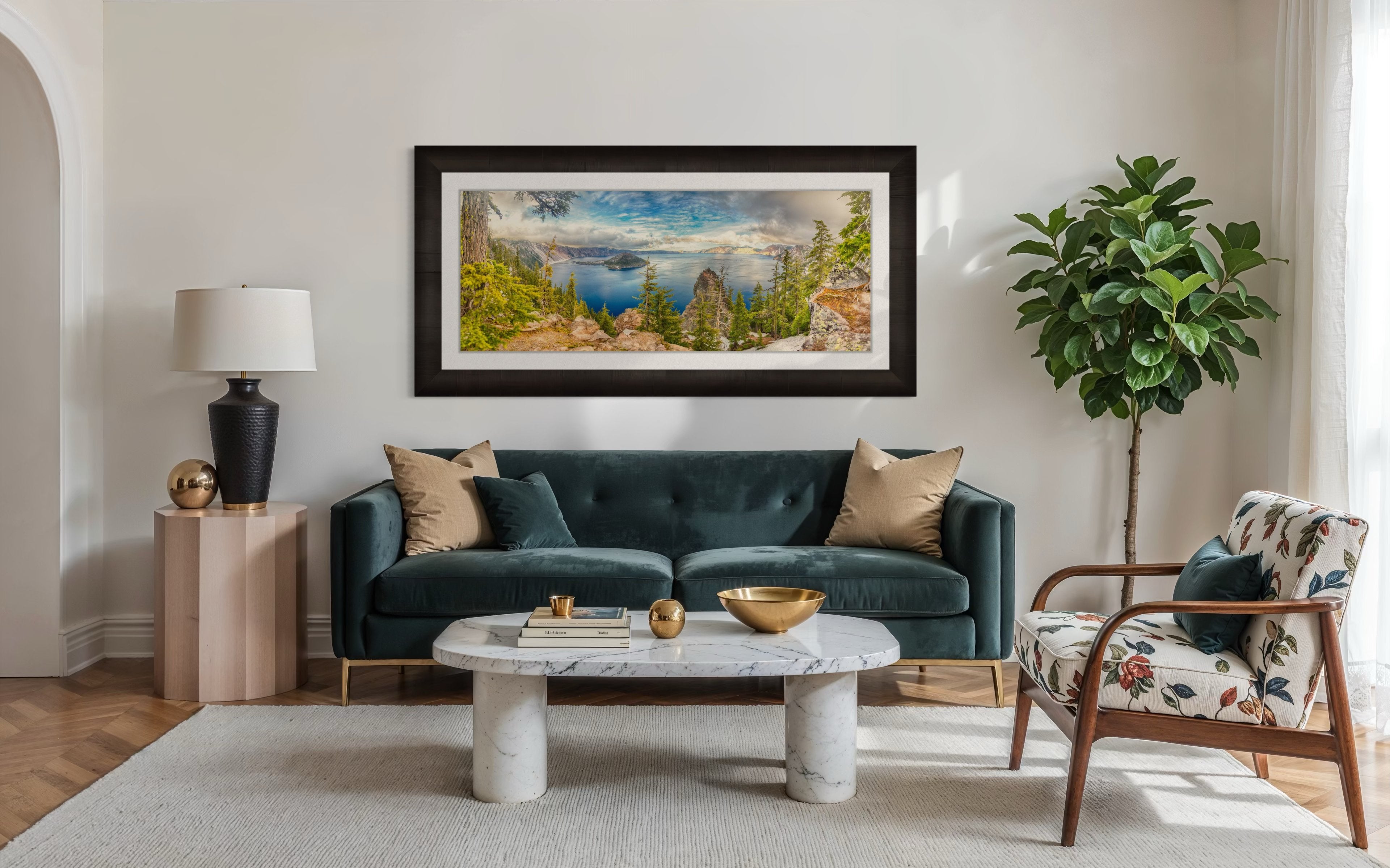 Crater Lake inside a caldera in Crater Lake National Park, Oregon, viewed from a wide angle at sunset with clouds in the sky. #Finish_Roma Dark Ash Frame & Bright Liner