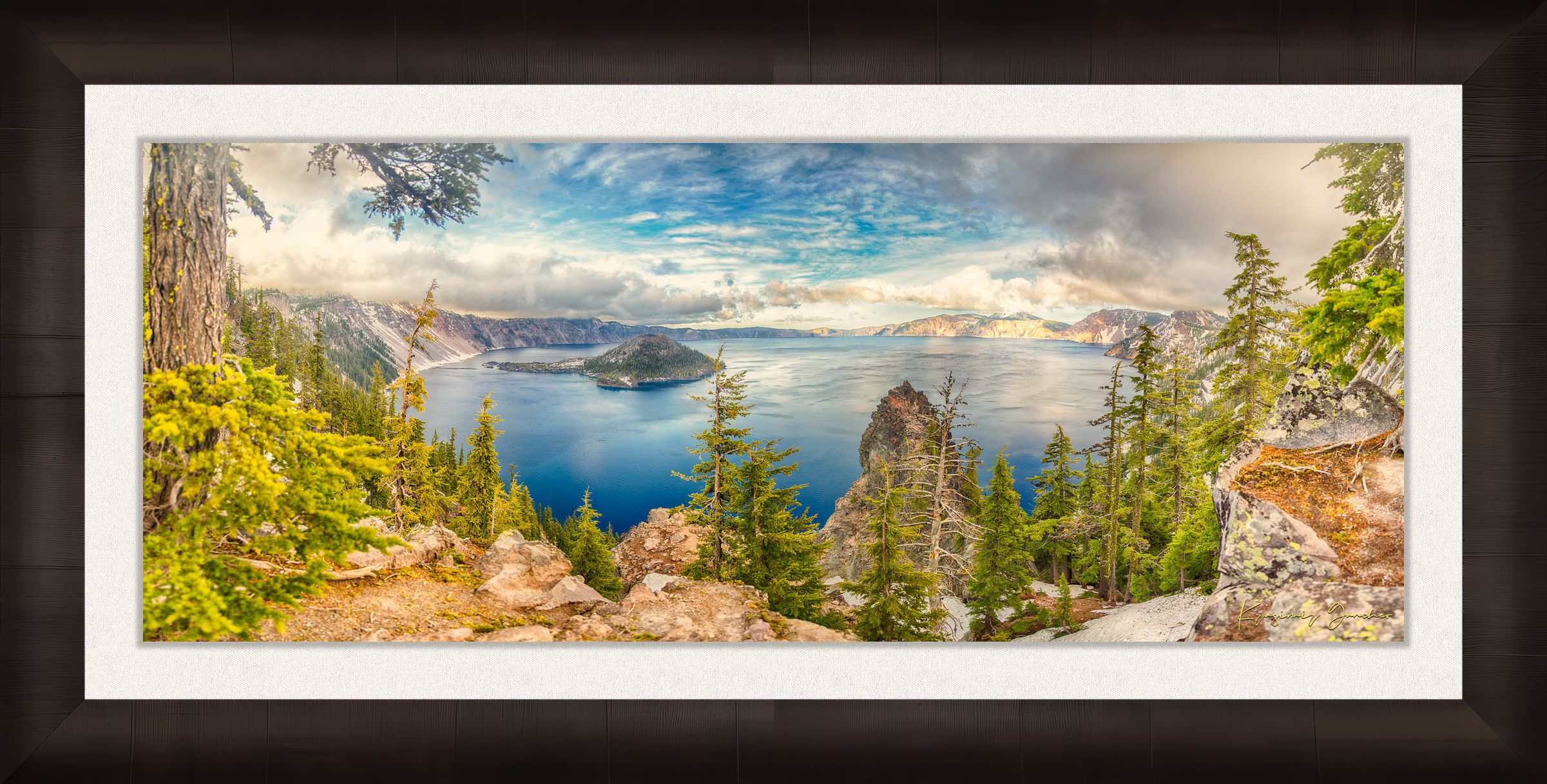 Crater Lake inside a caldera in Crater Lake National Park, Oregon, viewed from a wide angle at sunset with clouds in the sky. #Finish_Roma Dark Ash Frame & Bright Liner