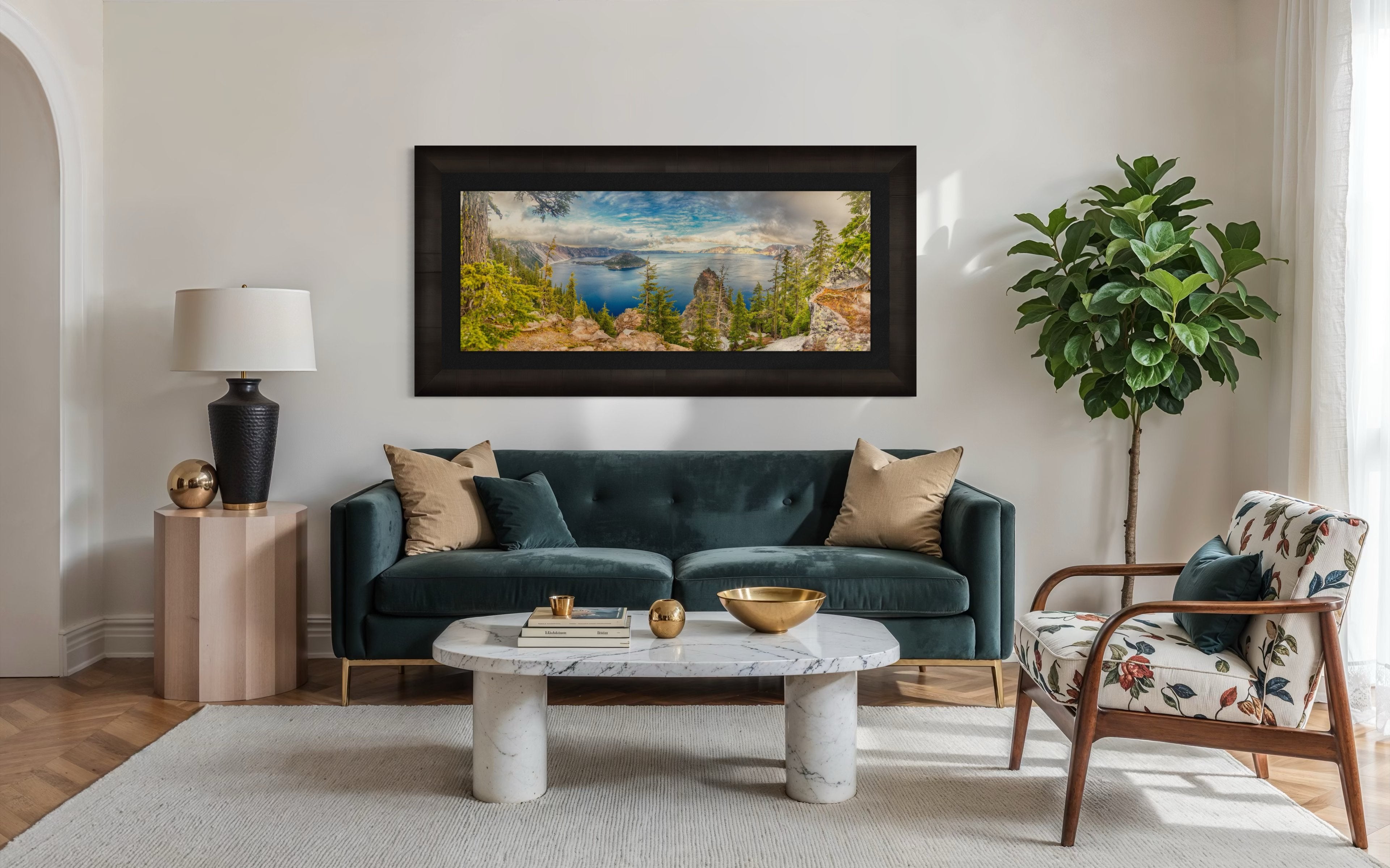 Crater Lake inside a caldera in Crater Lake National Park, Oregon, viewed from a wide angle at sunset with clouds in the sky. #Finish_Roma Dark Ash Frame & Dark Liner