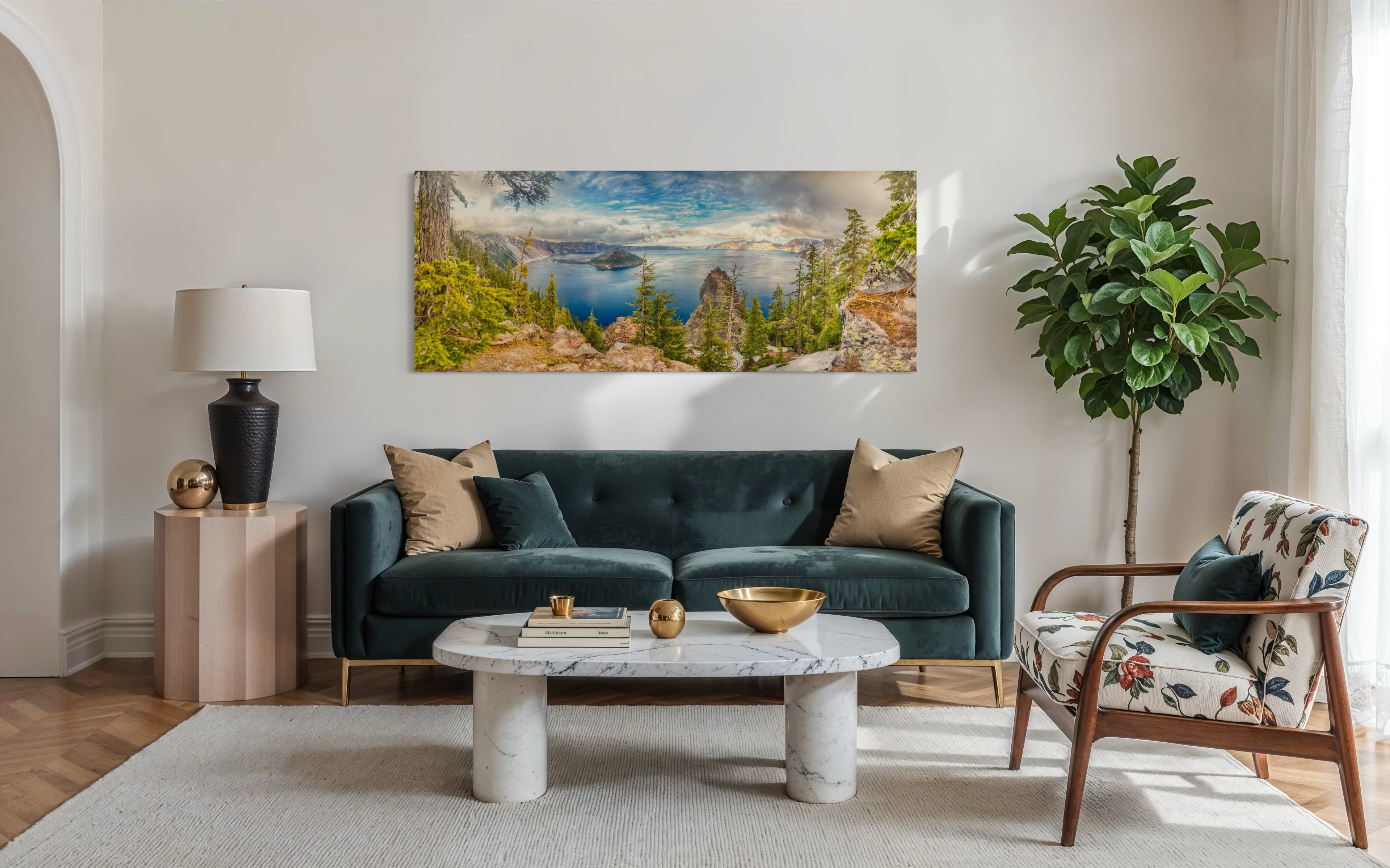 Crater Lake inside a caldera in Crater Lake National Park, Oregon, viewed from a wide angle at sunset with clouds in the sky. #Finish_Acrylic Recess