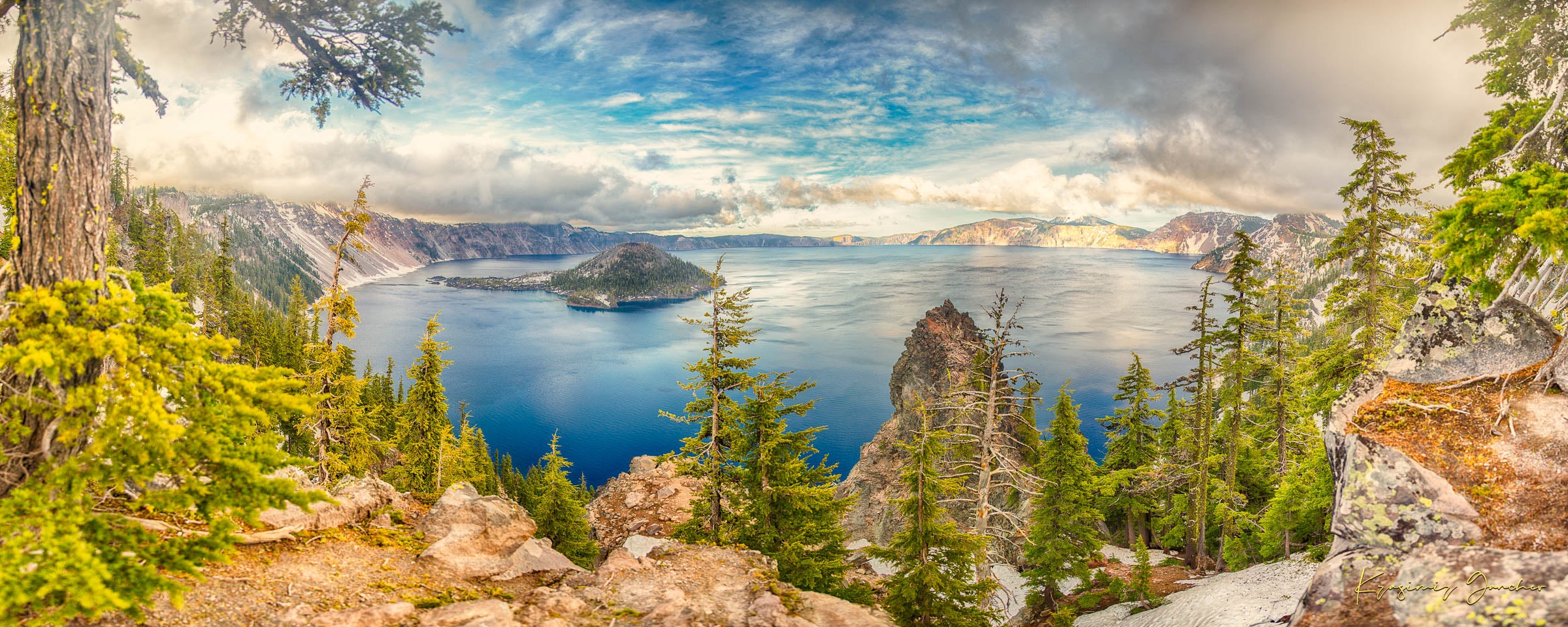 Crater Lake inside a caldera in Crater Lake National Park, Oregon, viewed from a wide angle at sunset with clouds in the sky. #Finish_Acrylic Recess