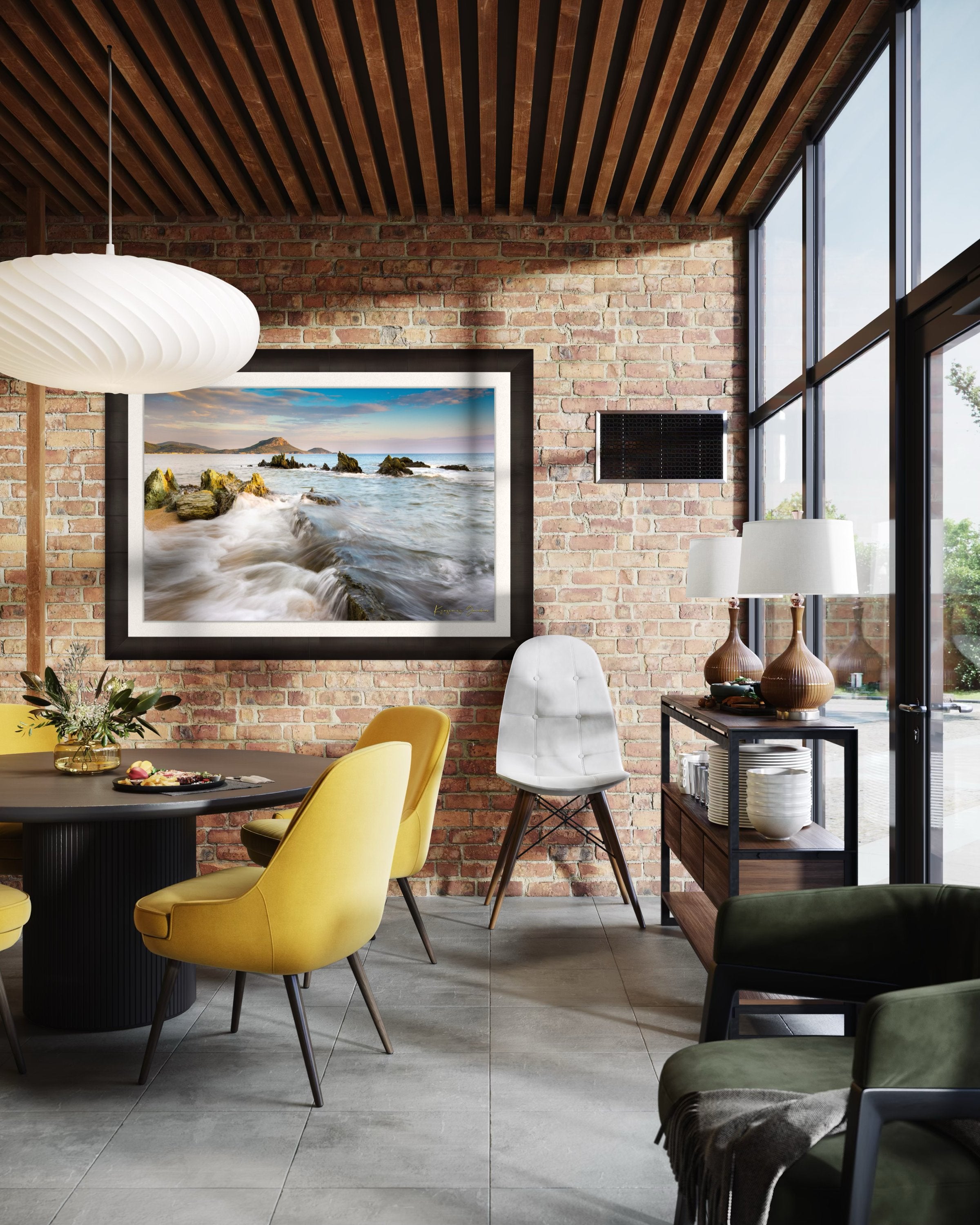 Sunset view of Sithonia's coastline featuring sea, rocky beach, scattered boulders, and gentle waves. #Finish_Roma Dark Ash Frame & Bright Liner