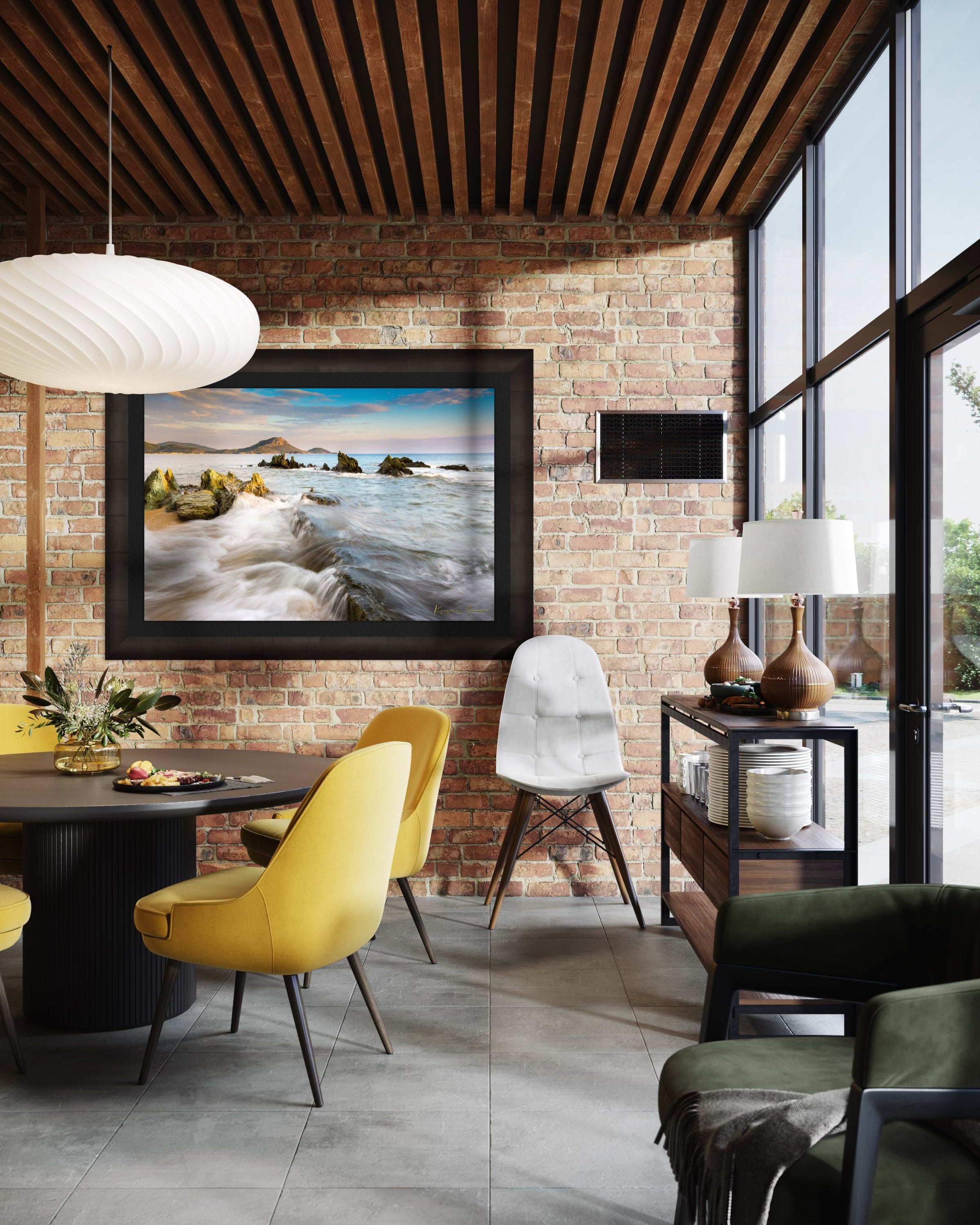 Sunset view of Sithonia's coastline featuring sea, rocky beach, scattered boulders, and gentle waves. #Finish_Roma Dark Ash Frame & Dark Liner