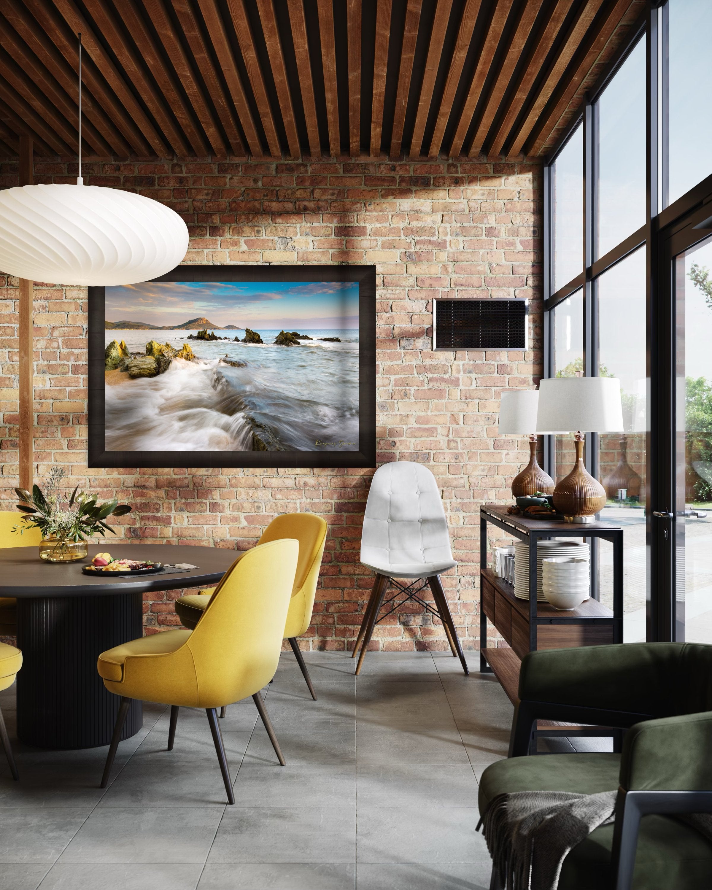 Sunset view of Sithonia's coastline featuring sea, rocky beach, scattered boulders, and gentle waves. #Finish_Roma Dark Ash Frame