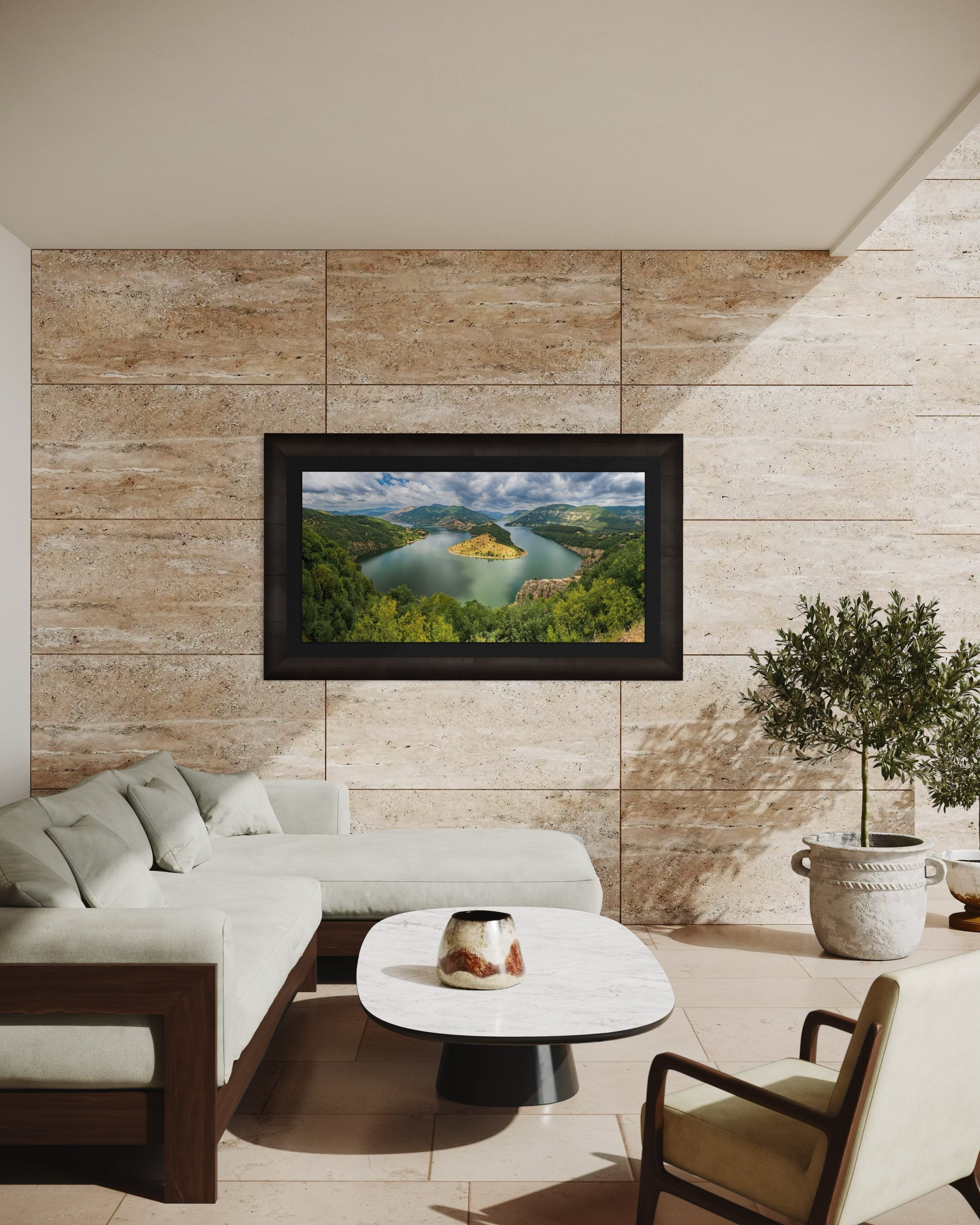 Sinuous Arda River flowing through a river meander in Ribartsi during daylight, cloudy sky. #Finish_Roma Dark Ash Frame & Dark Liner