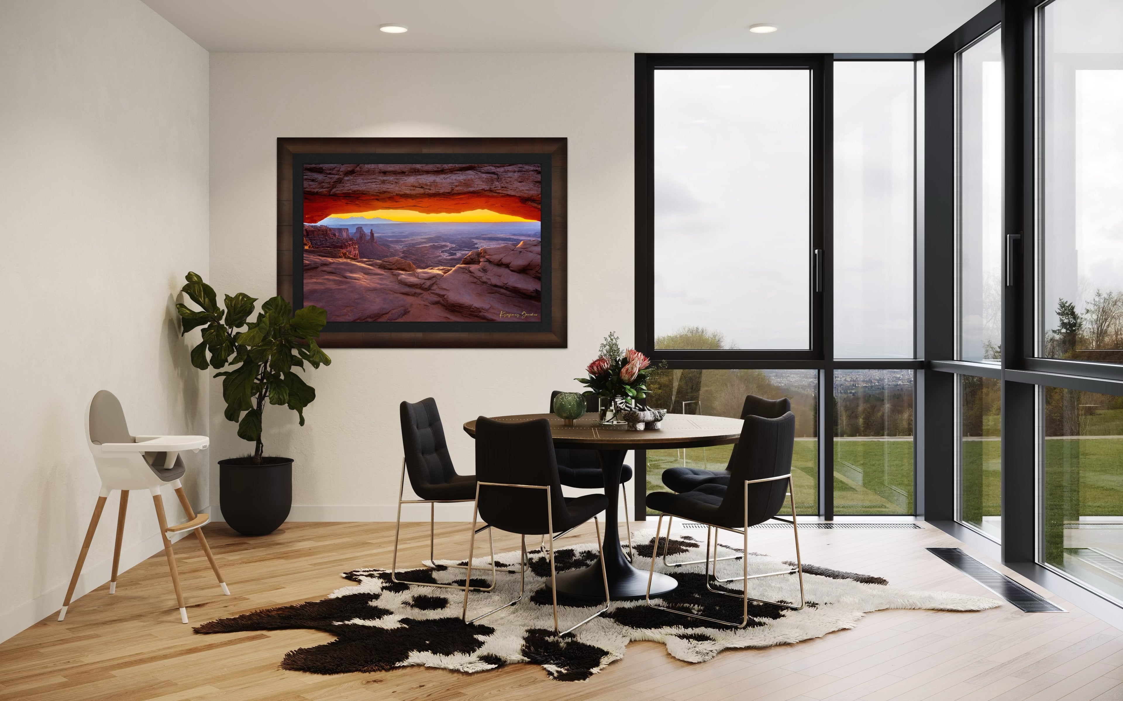 Mesa Arch in Canyonlands National Park framing a sunrise horizon under hazy skies, with golden rays illuminating rock formations. #Finish_Roma Cigar Leaf Frame & Dark Liner