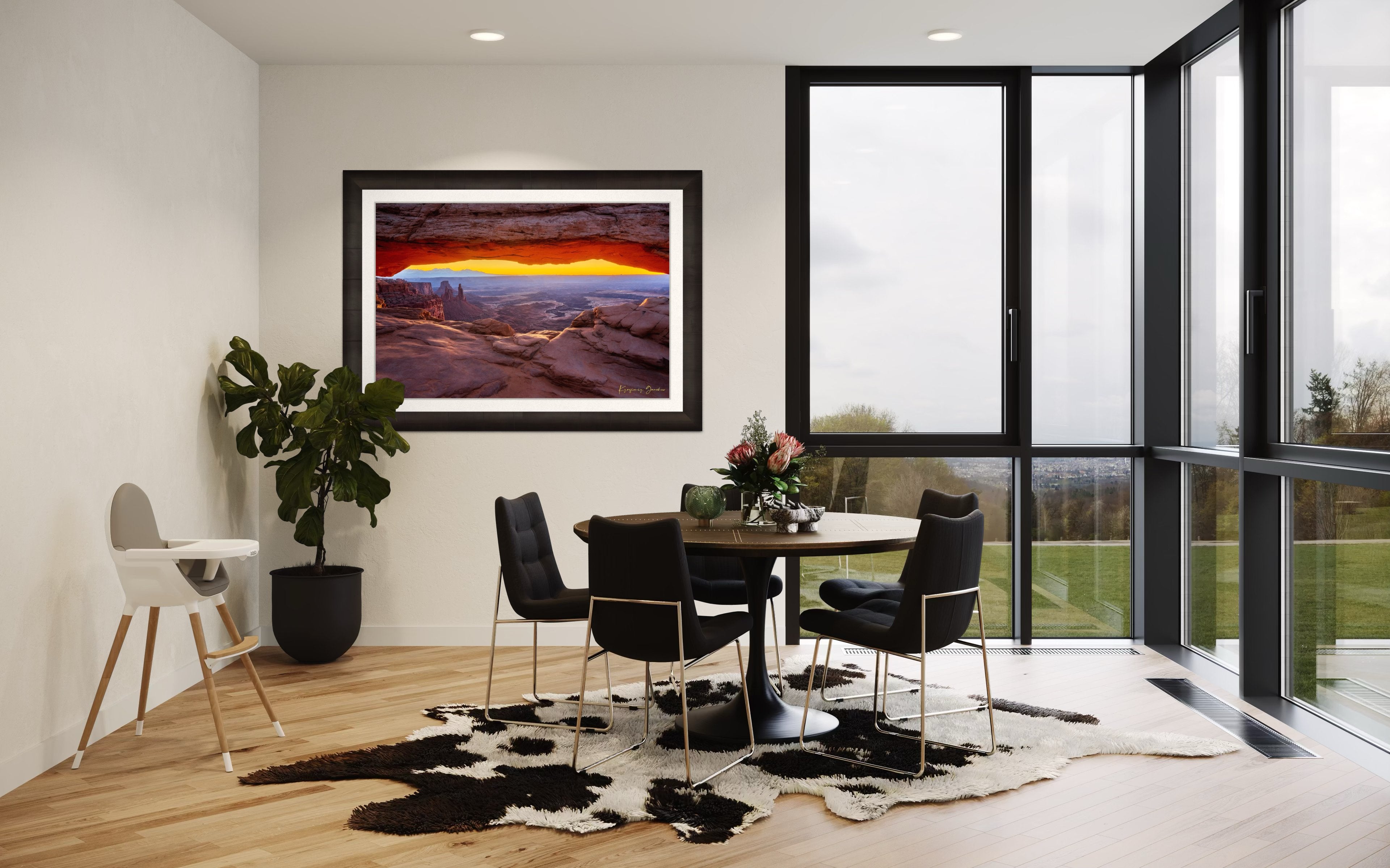 Mesa Arch in Canyonlands National Park framing a sunrise horizon under hazy skies, with golden rays illuminating rock formations. #Finish_Roma Dark Ash Frame & Bright Liner