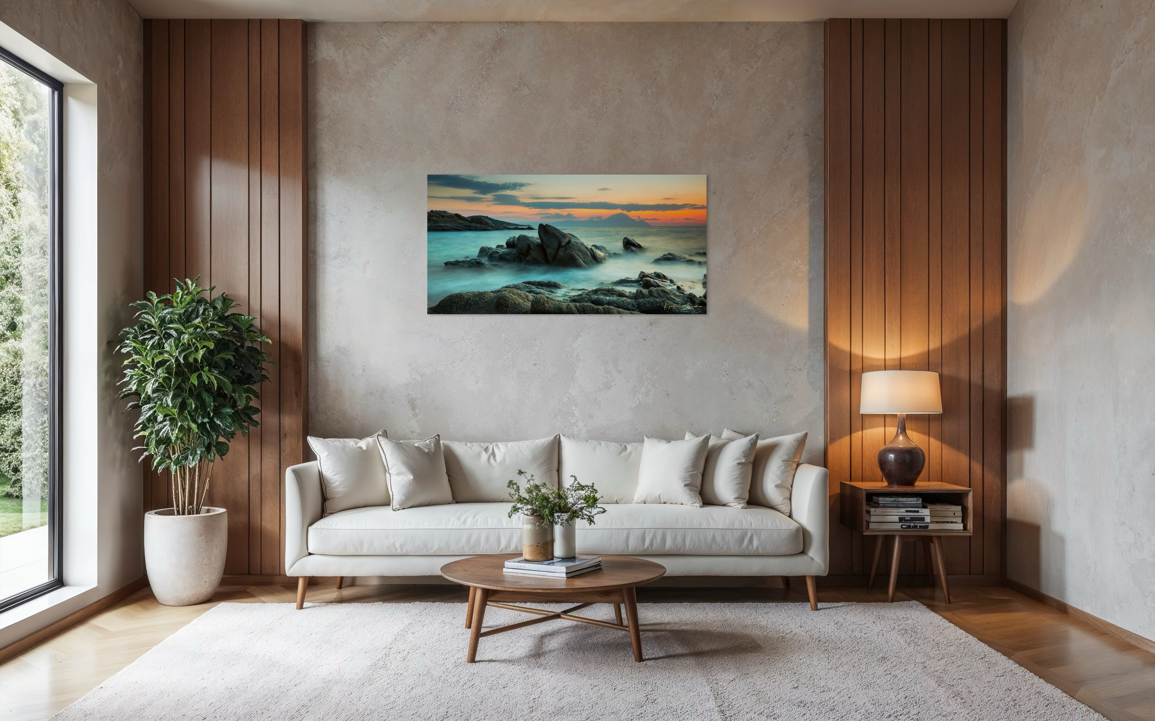 Sunrise long exposure at Sarti featuring coastal rock formations, sea stacks, cloud-covered sky, and soft waves. #Finish_Acrylic Recess