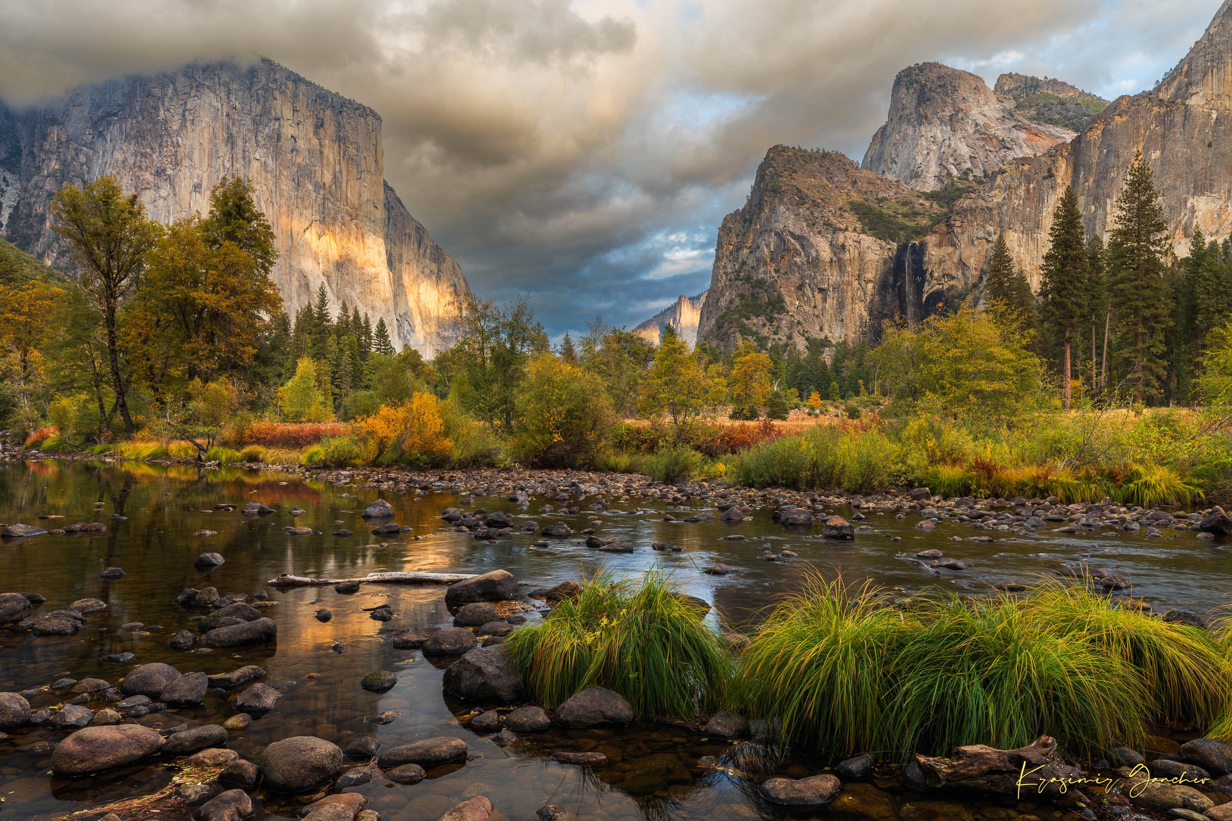 El Capitan at sunset in Yosemite Valley, golden light reflecting off the river amid clouds and seasonal tree colors. #Finish_Acrylic Recess