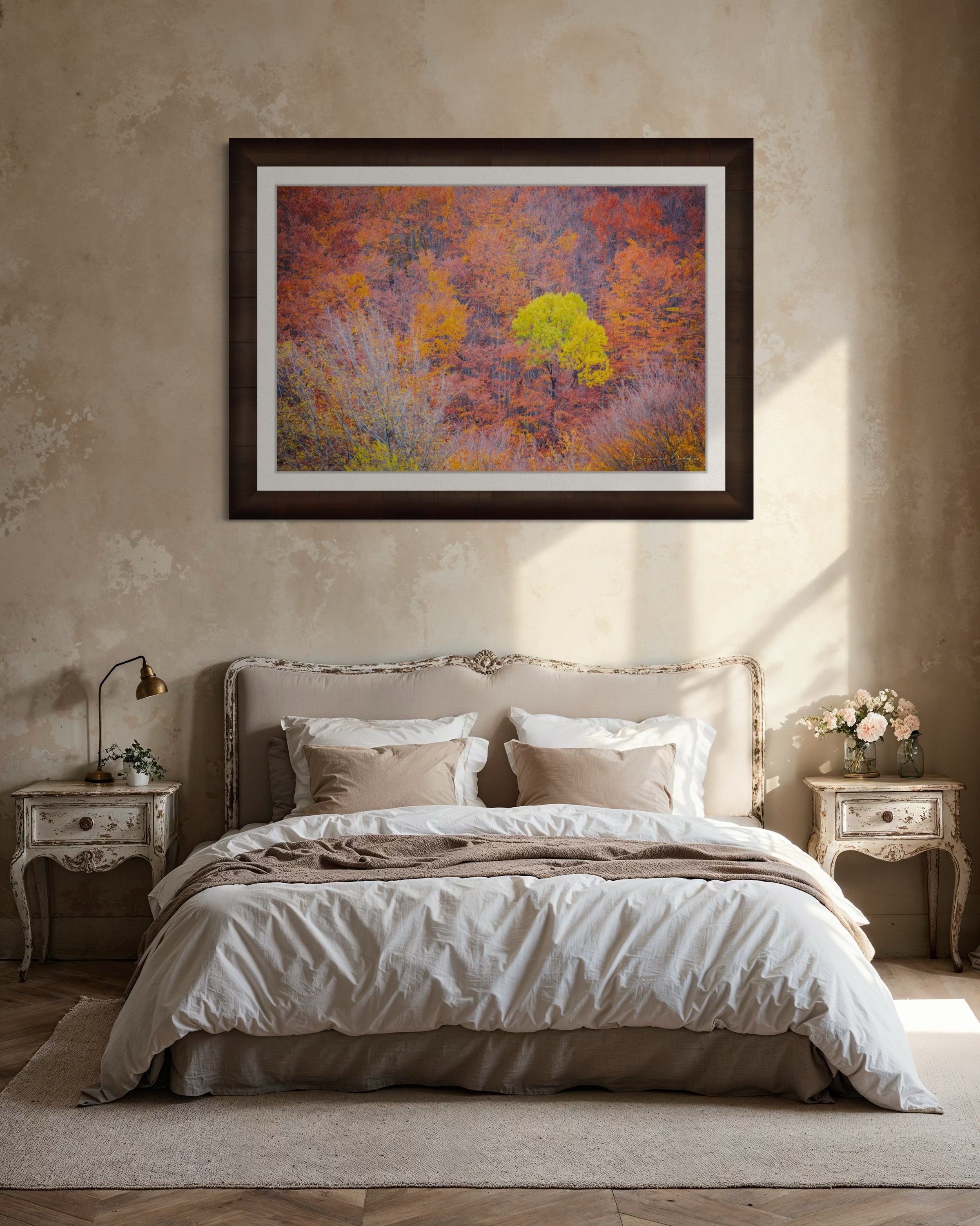 A lone tree stands in an autumn forest valley during daytime, sunlight filtering through trees. #Finish_Roma Cigar Leaf Frame & Bright Liner