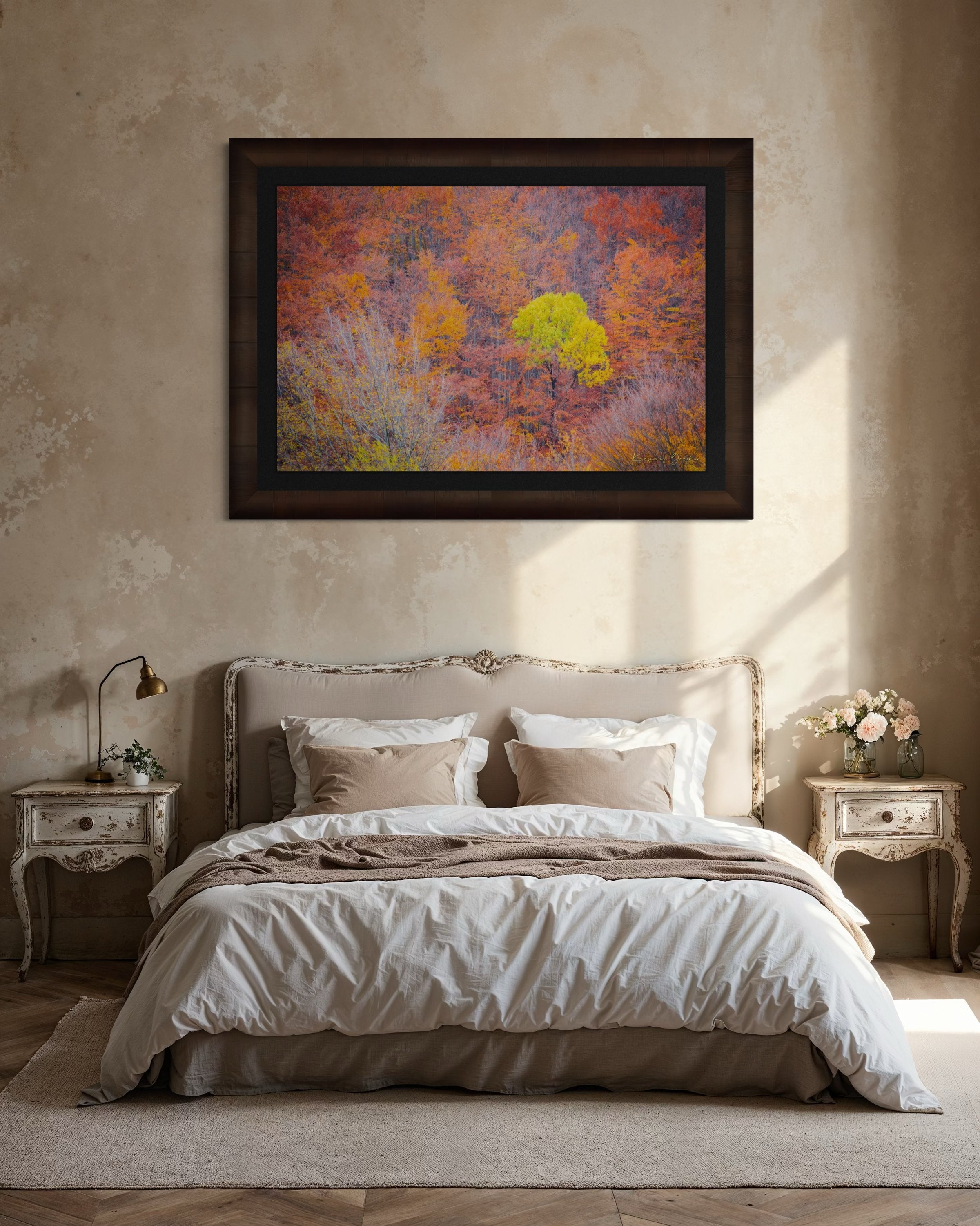 A lone tree stands in an autumn forest valley during daytime, sunlight filtering through trees. #Finish_Roma Cigar Leaf Frame & Dark Liner