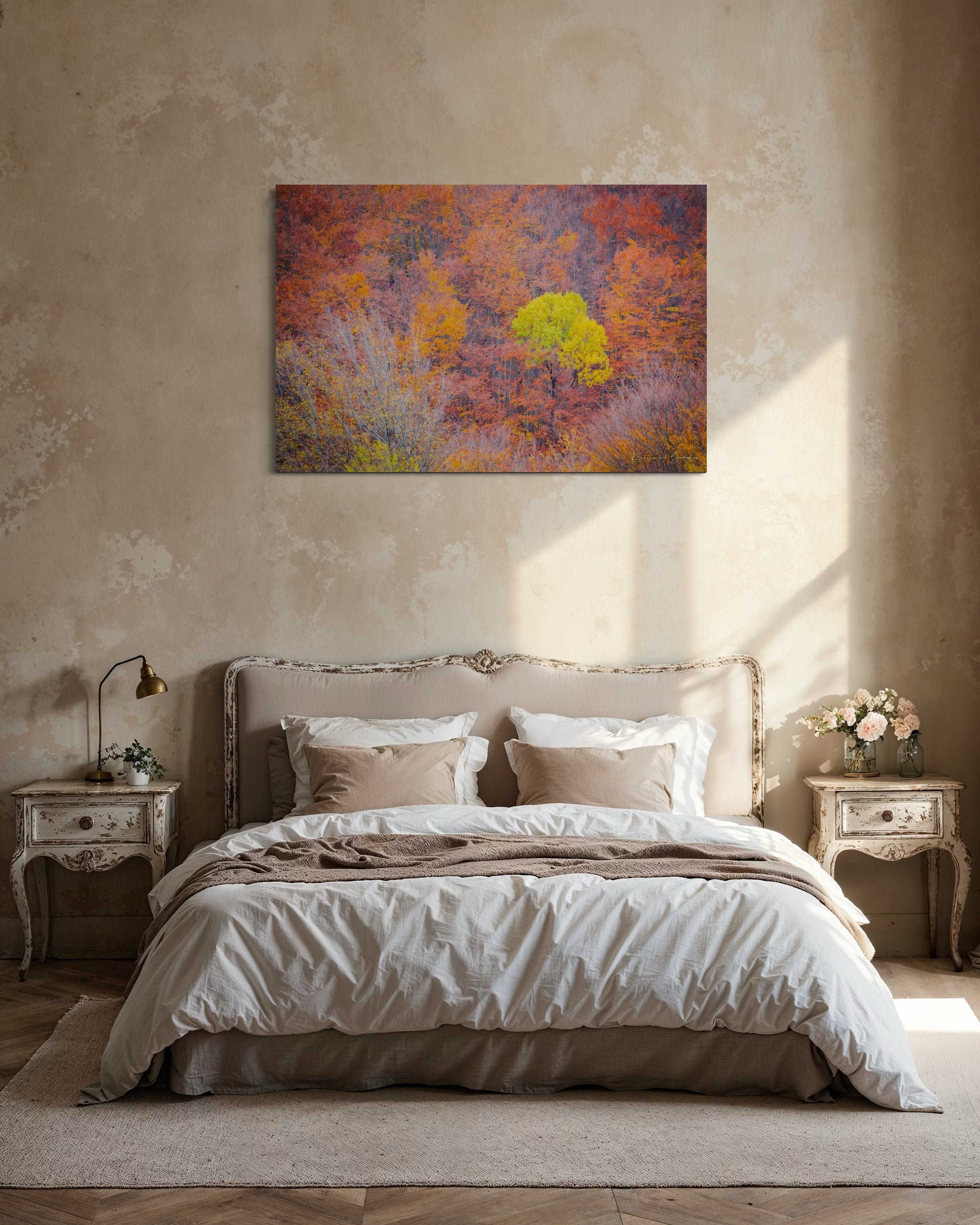 A lone tree stands in an autumn forest valley during daytime, sunlight filtering through trees. #Finish_Acrylic Recess