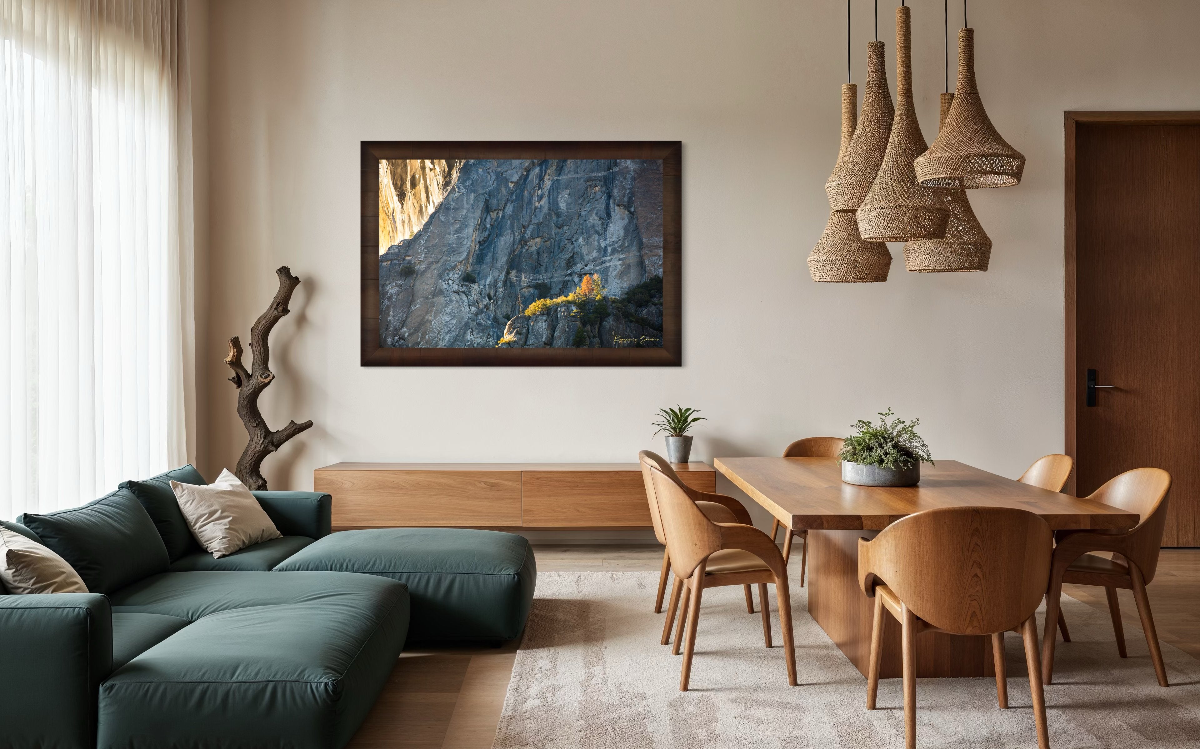 Granite monolith El Capitan in Yosemite National Park under daytime sunlight with a lone tree and clouds. #Finish_Roma Cigar Leaf Frame