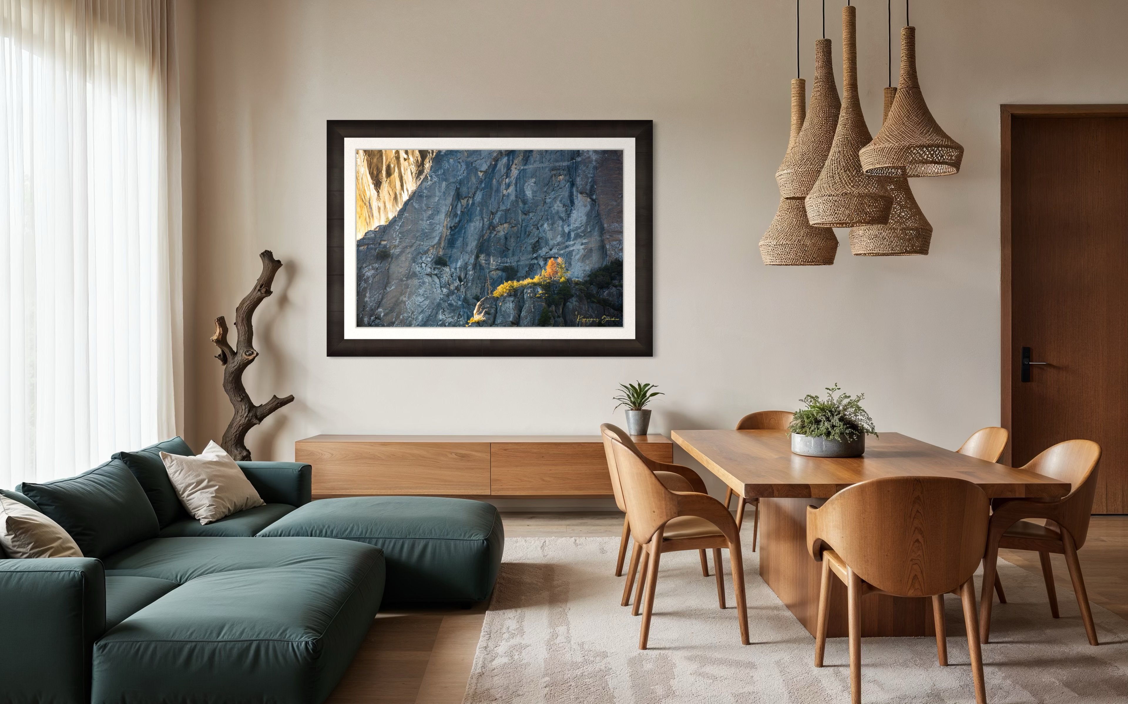 Granite monolith El Capitan in Yosemite National Park under daytime sunlight with a lone tree and clouds. #Finish_Roma Dark Ash Frame & Bright Liner