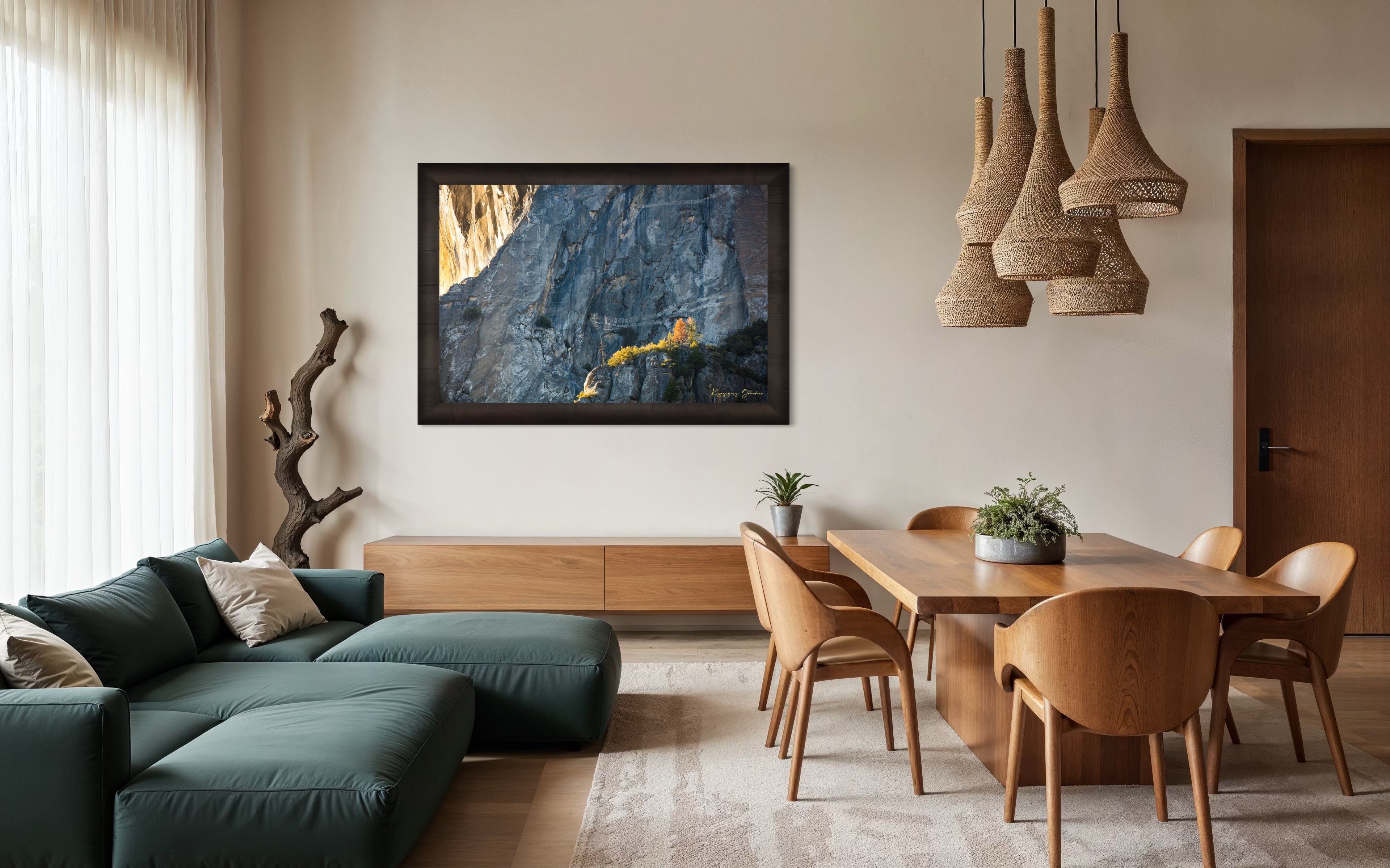 Granite monolith El Capitan in Yosemite National Park under daytime sunlight with a lone tree and clouds. #Finish_Roma Dark Ash Frame