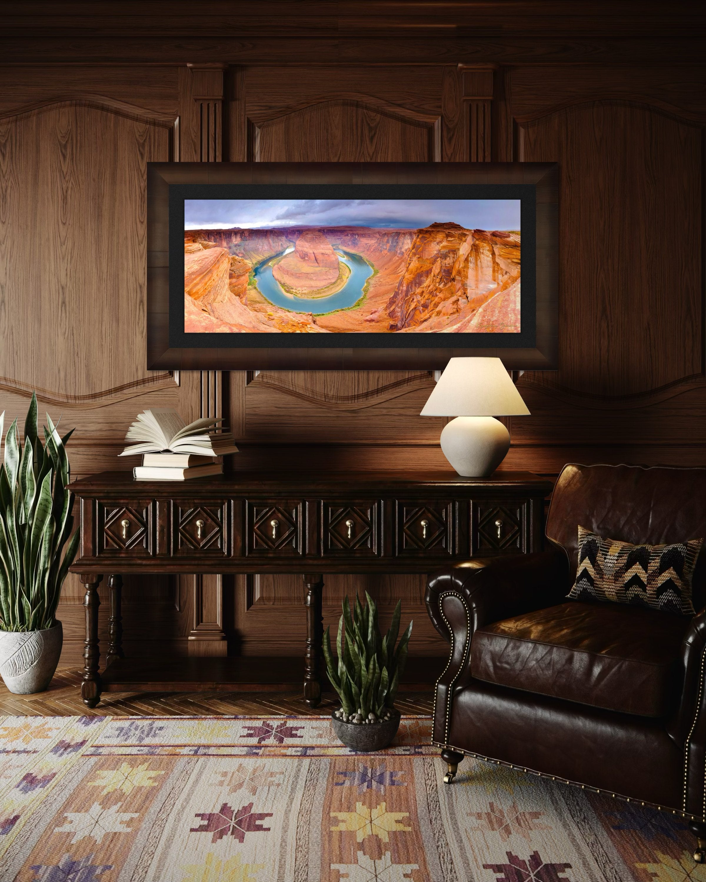 Horseshoe Bend at dawn, Arizona. Sunlight filters through the canyon walls illuminating the curve of the Colorado River. #Finish_Roma Cigar Leaf Frame & Dark Liner