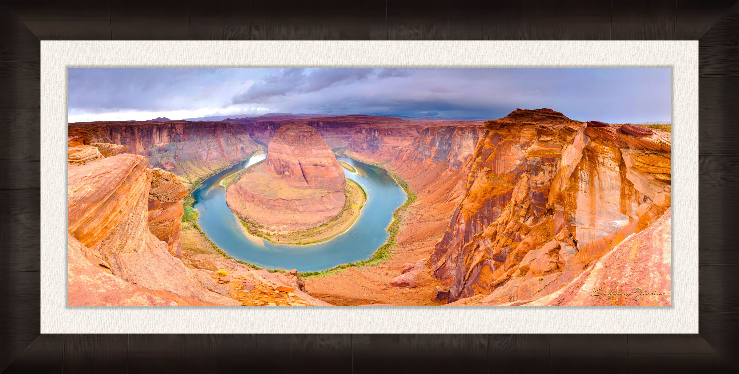 Horseshoe Bend at dawn, Arizona. Sunlight filters through the canyon walls illuminating the curve of the Colorado River. #Finish_Roma Dark Ash Frame & Bright Liner