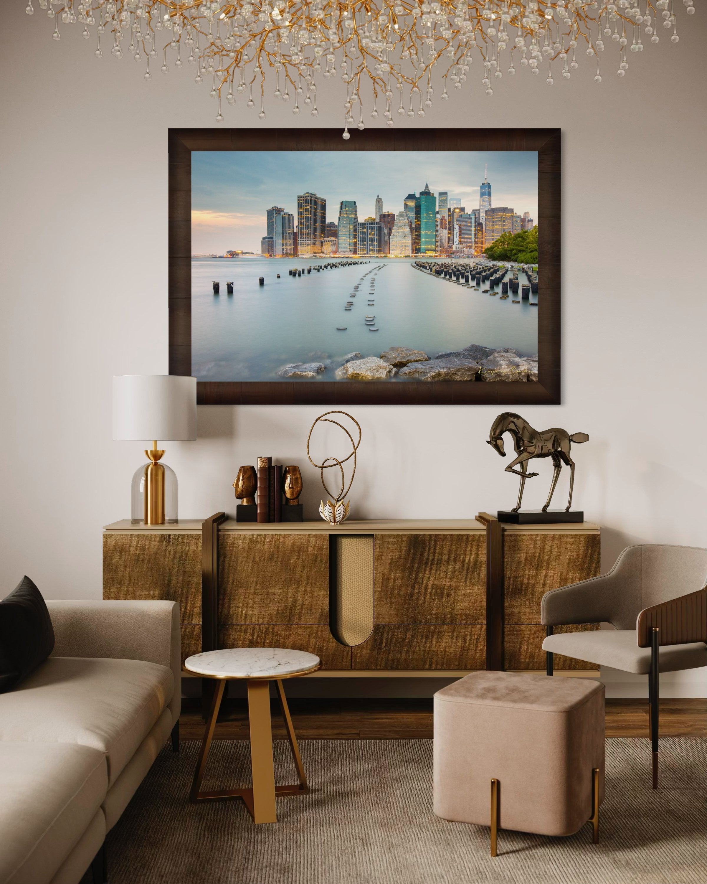 Urban waterfront scene along an estuary in Manhattan under a twilight sky with clouds and reflected city lights. #Finish_Roma Cigar Leaf Frame
