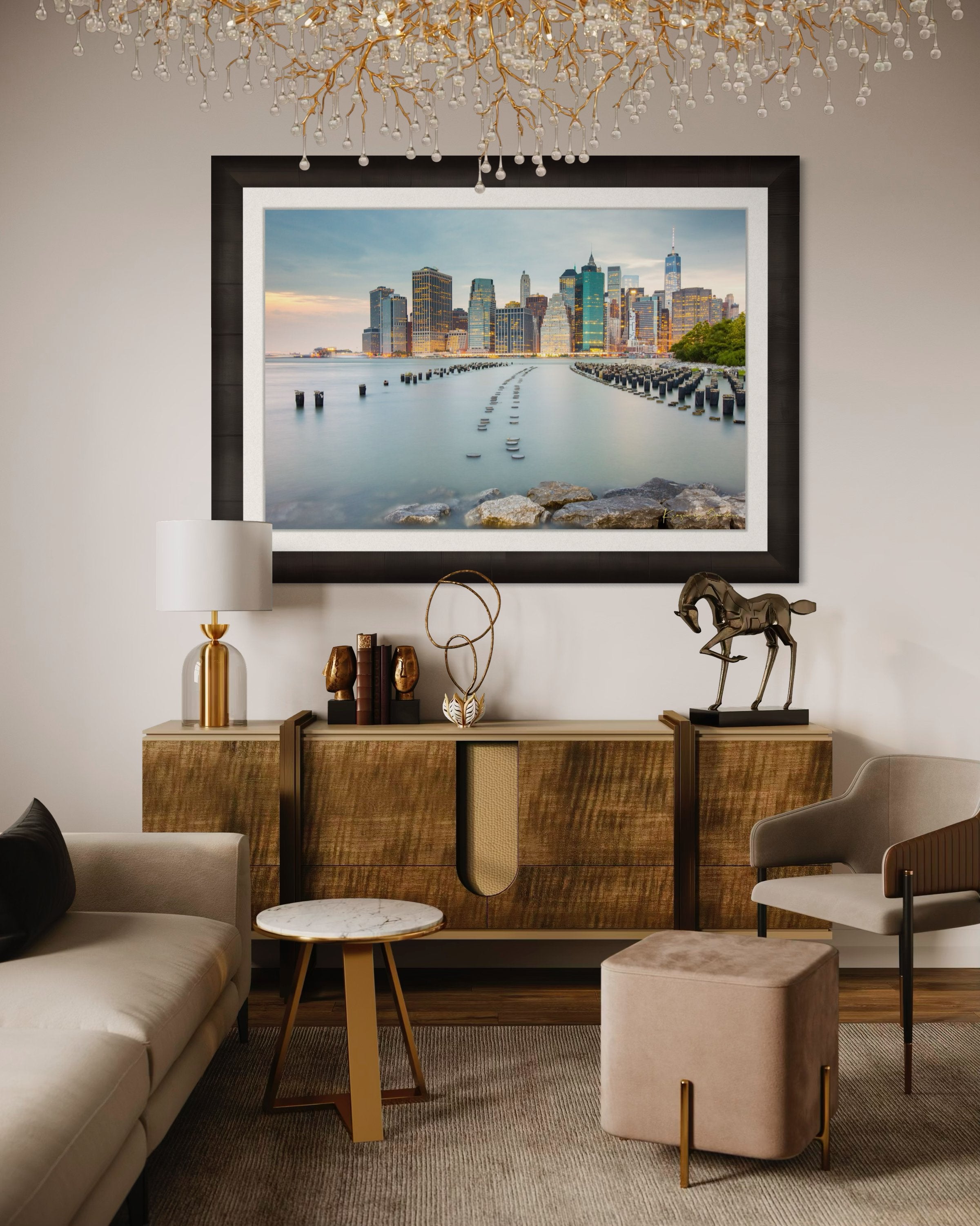 Urban waterfront scene along an estuary in Manhattan under a twilight sky with clouds and reflected city lights. #Finish_Roma Dark Ash Frame & Bright Liner