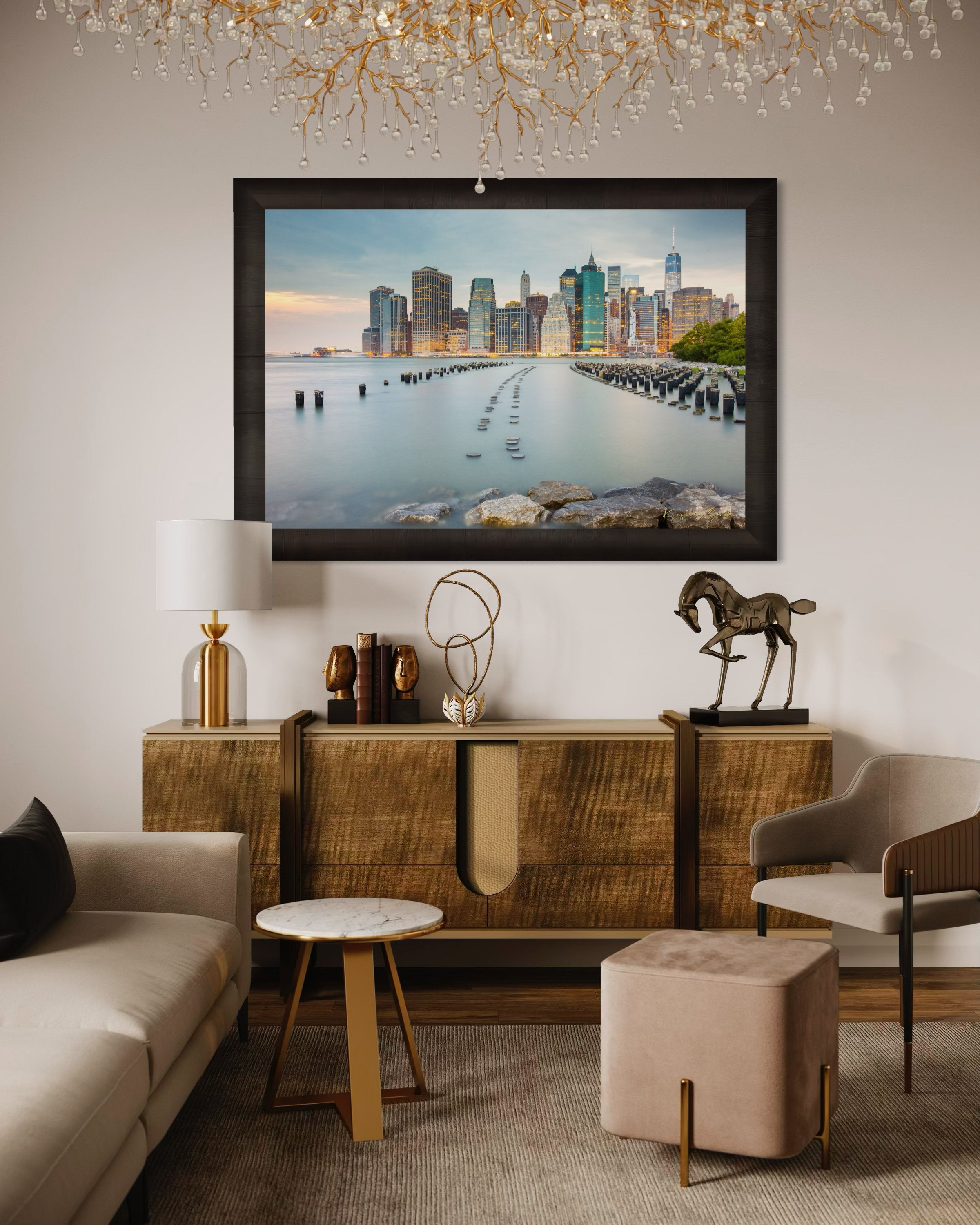Urban waterfront scene along an estuary in Manhattan under a twilight sky with clouds and reflected city lights. #Finish_Roma Dark Ash Frame