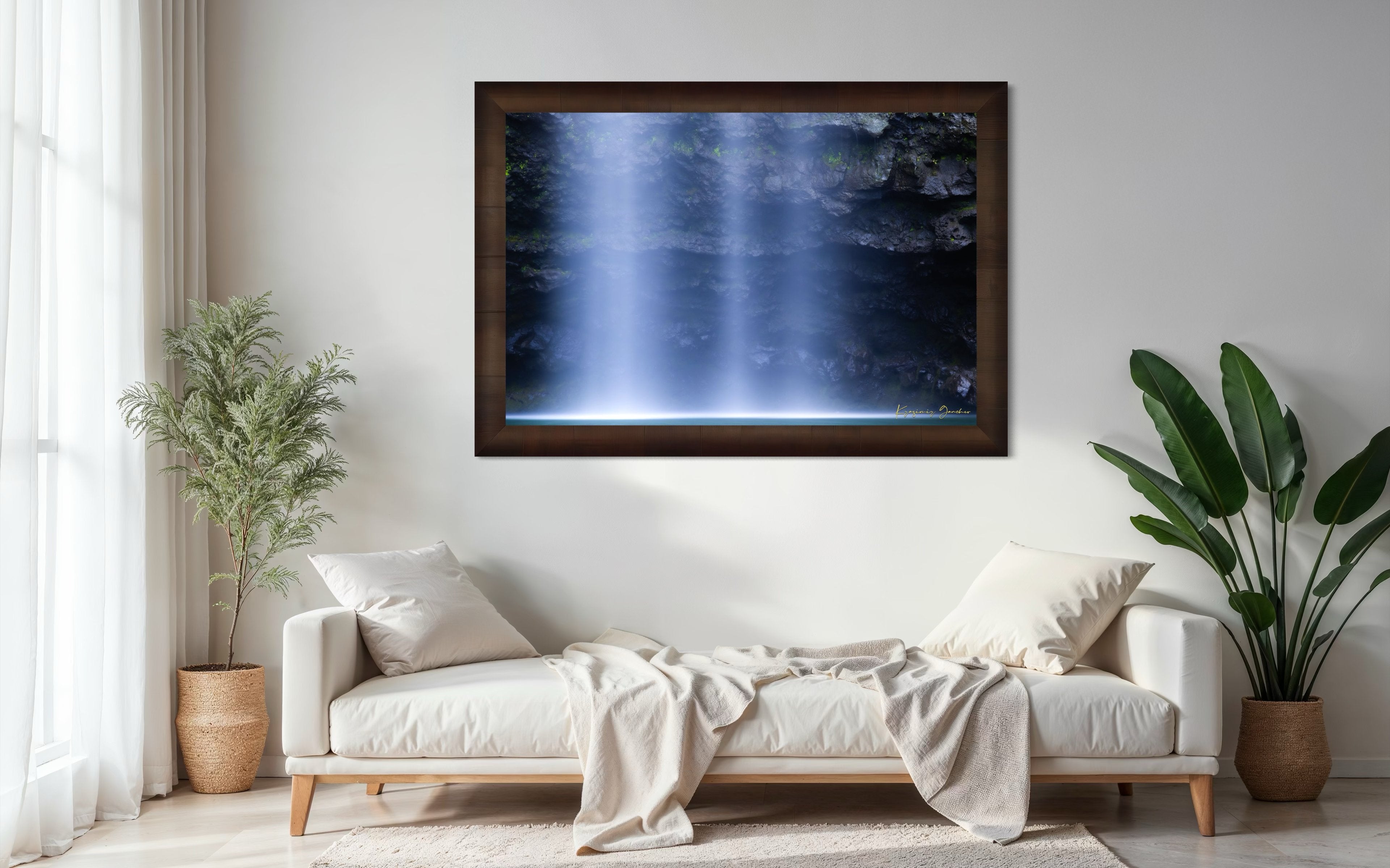 Waterfall descending from cliff into mist at Hanakapiai Falls, Kauai, illuminated by daylight. #Finish_Roma Cigar Leaf Frame
