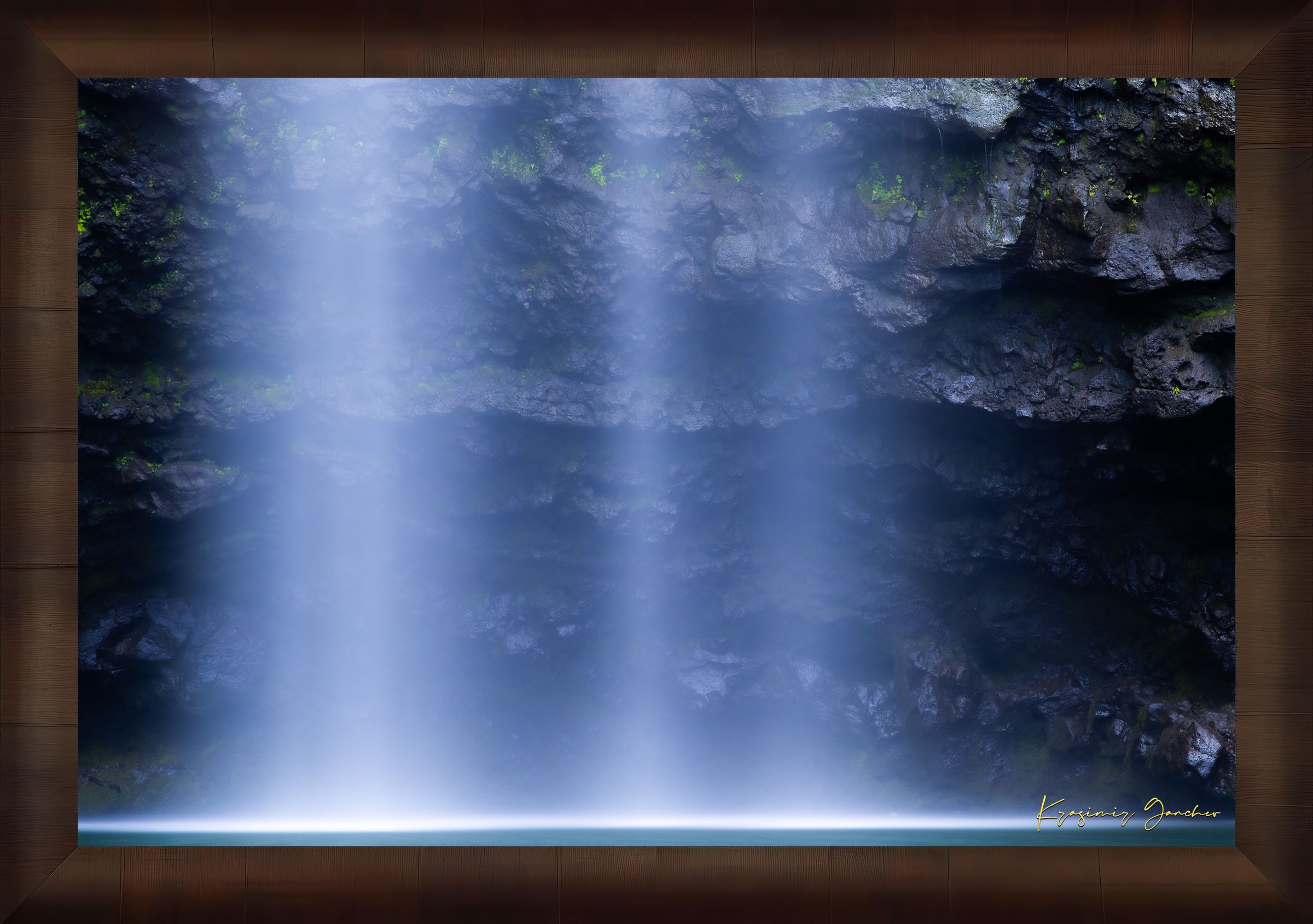 Waterfall descending from cliff into mist at Hanakapiai Falls, Kauai, illuminated by daylight. #Finish_Roma Cigar Leaf Frame