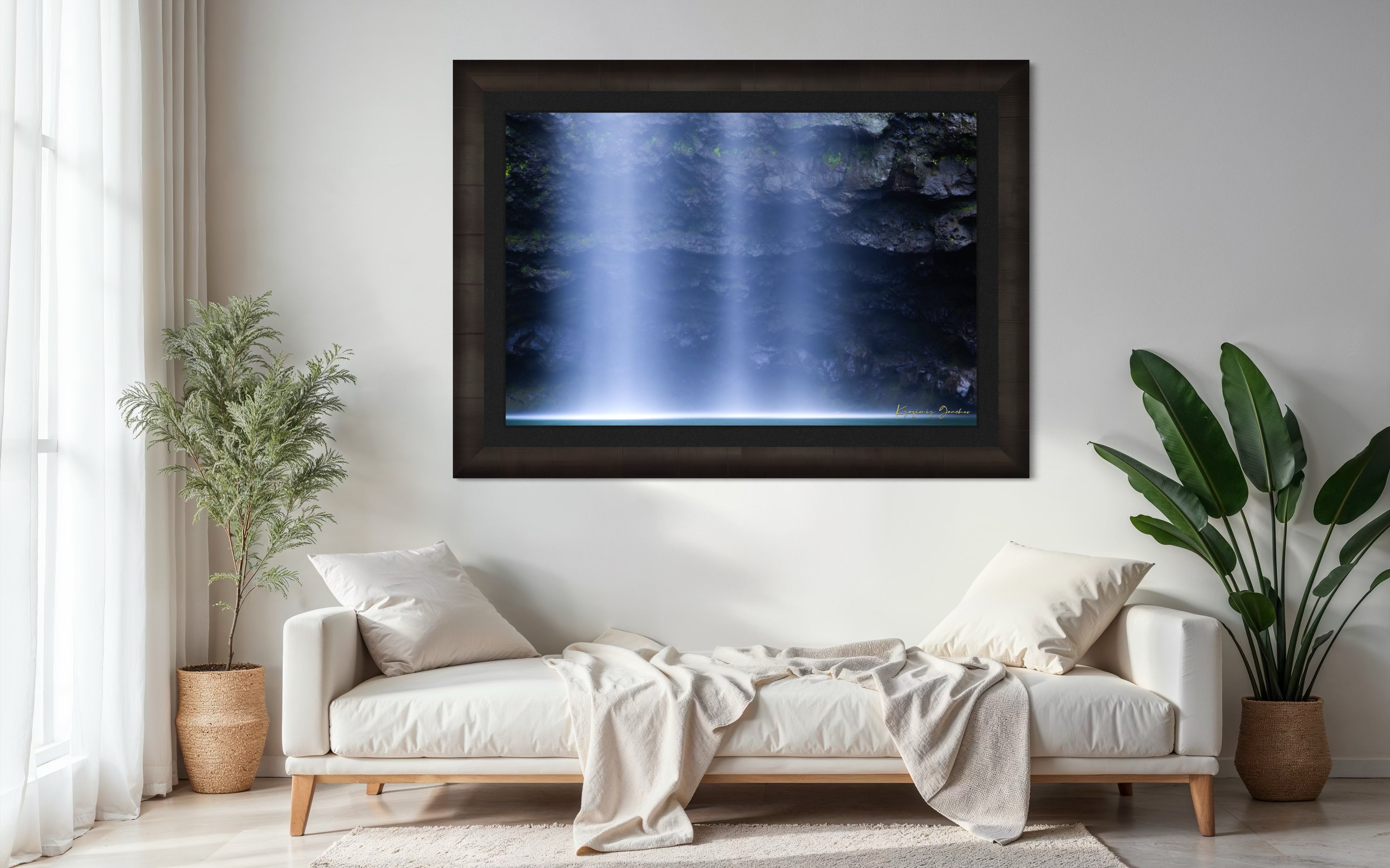 Waterfall descending from cliff into mist at Hanakapiai Falls, Kauai, illuminated by daylight. #Finish_Roma Dark Ash Frame & Dark Liner