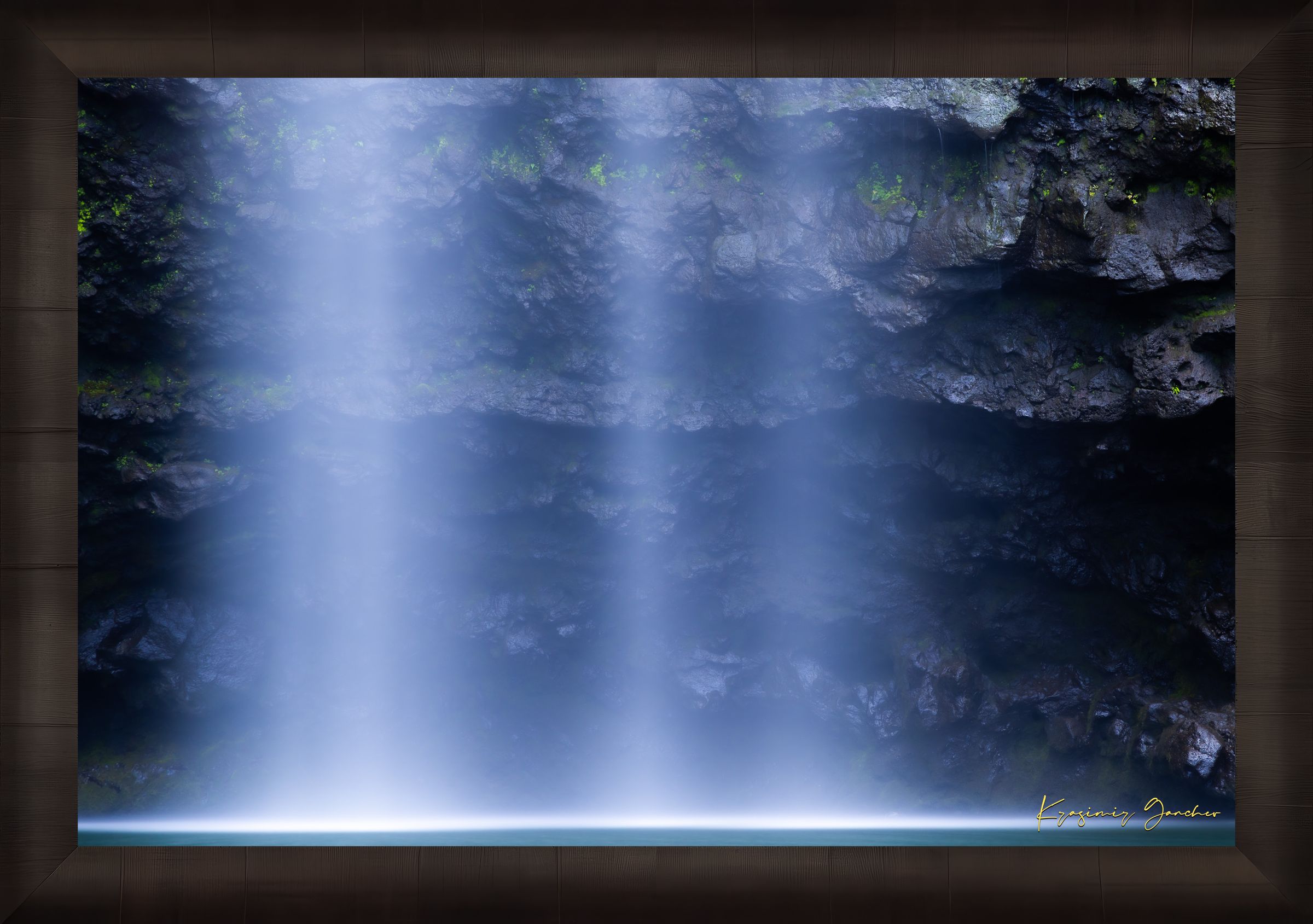 Waterfall descending from cliff into mist at Hanakapiai Falls, Kauai, illuminated by daylight. #Finish_Roma Dark Ash Frame