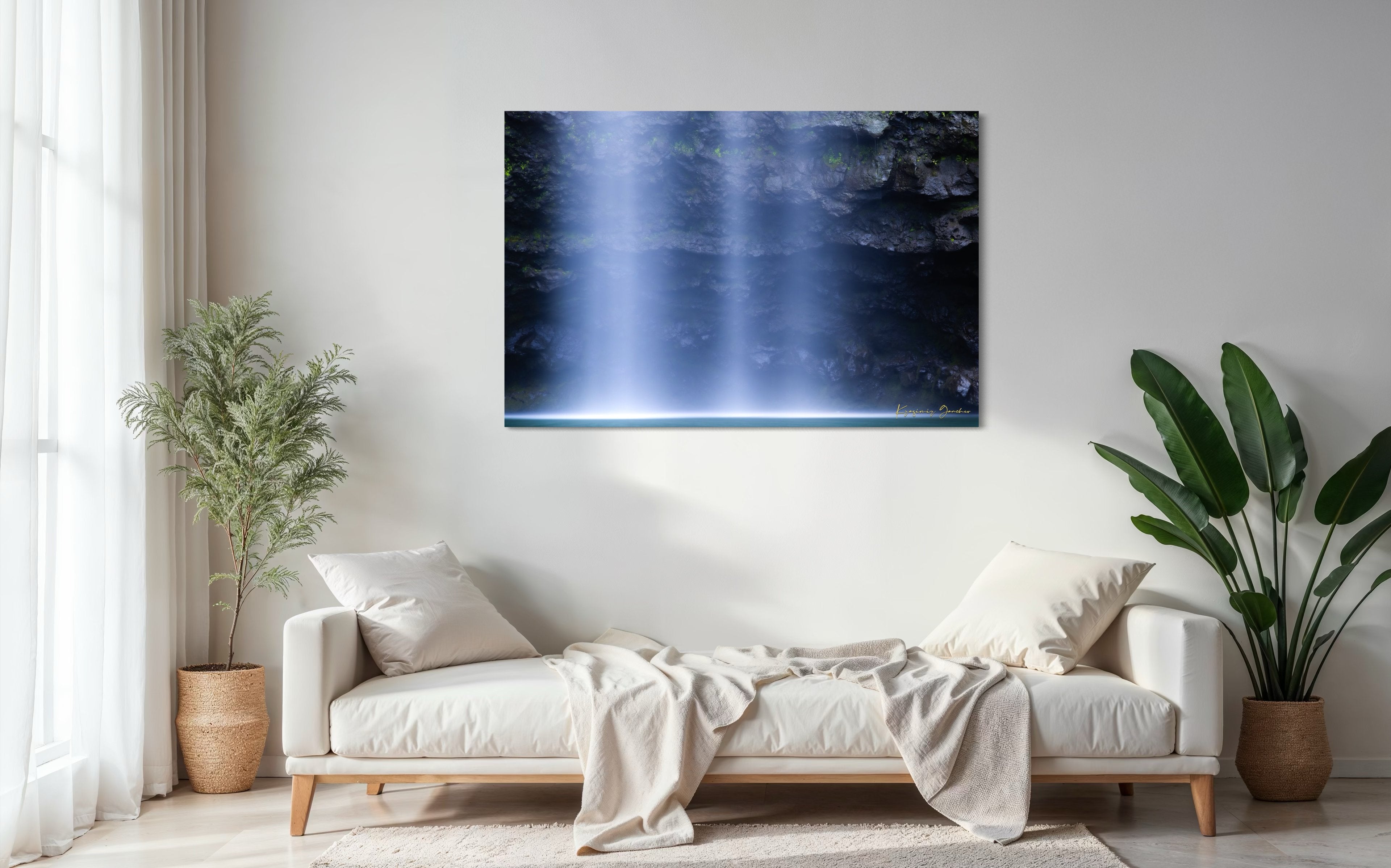 Waterfall descending from cliff into mist at Hanakapiai Falls, Kauai, illuminated by daylight. #Finish_Acrylic Recess