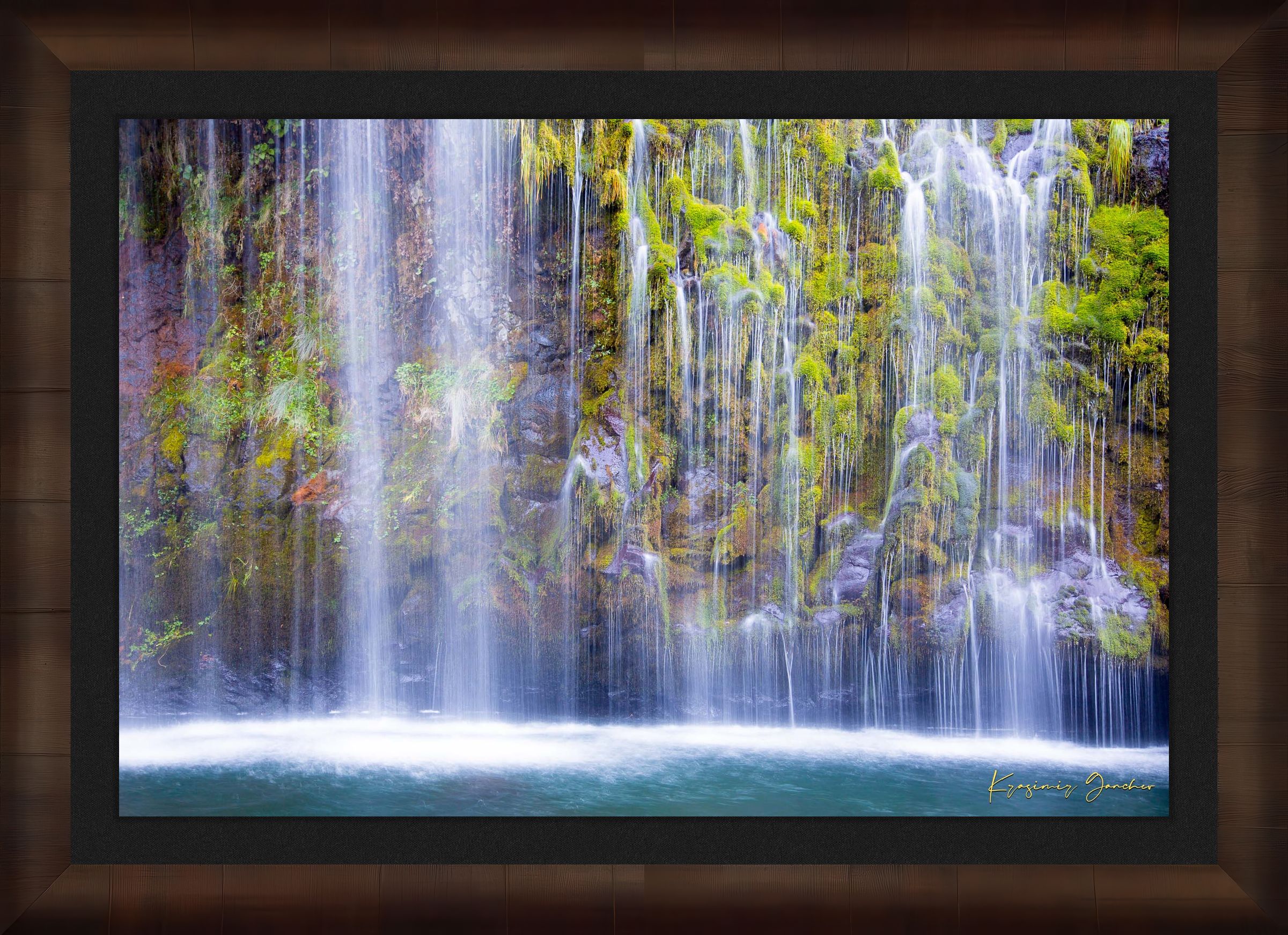 Waterfall cascading through a forested gorge at Mossbrae Falls during daylight with visible mist and dynamic movement. #Finish_Roma Cigar Leaf Frame & Dark Liner