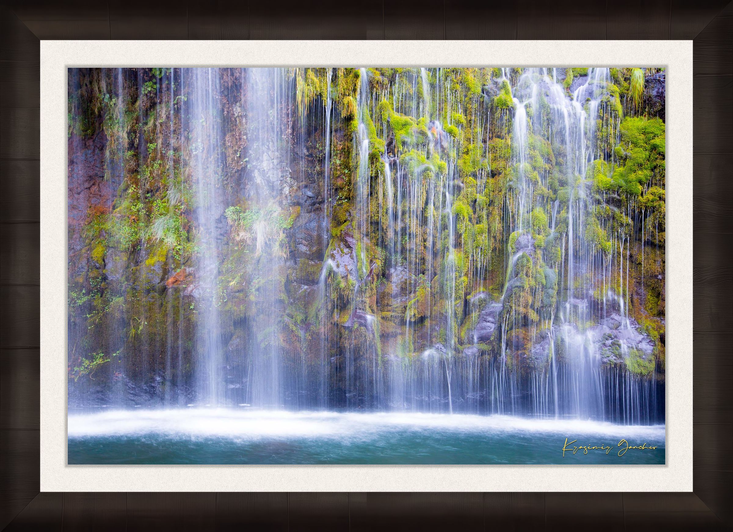 Waterfall cascading through a forested gorge at Mossbrae Falls during daylight with visible mist and dynamic movement. #Finish_Roma Dark Ash Frame & Bright Liner