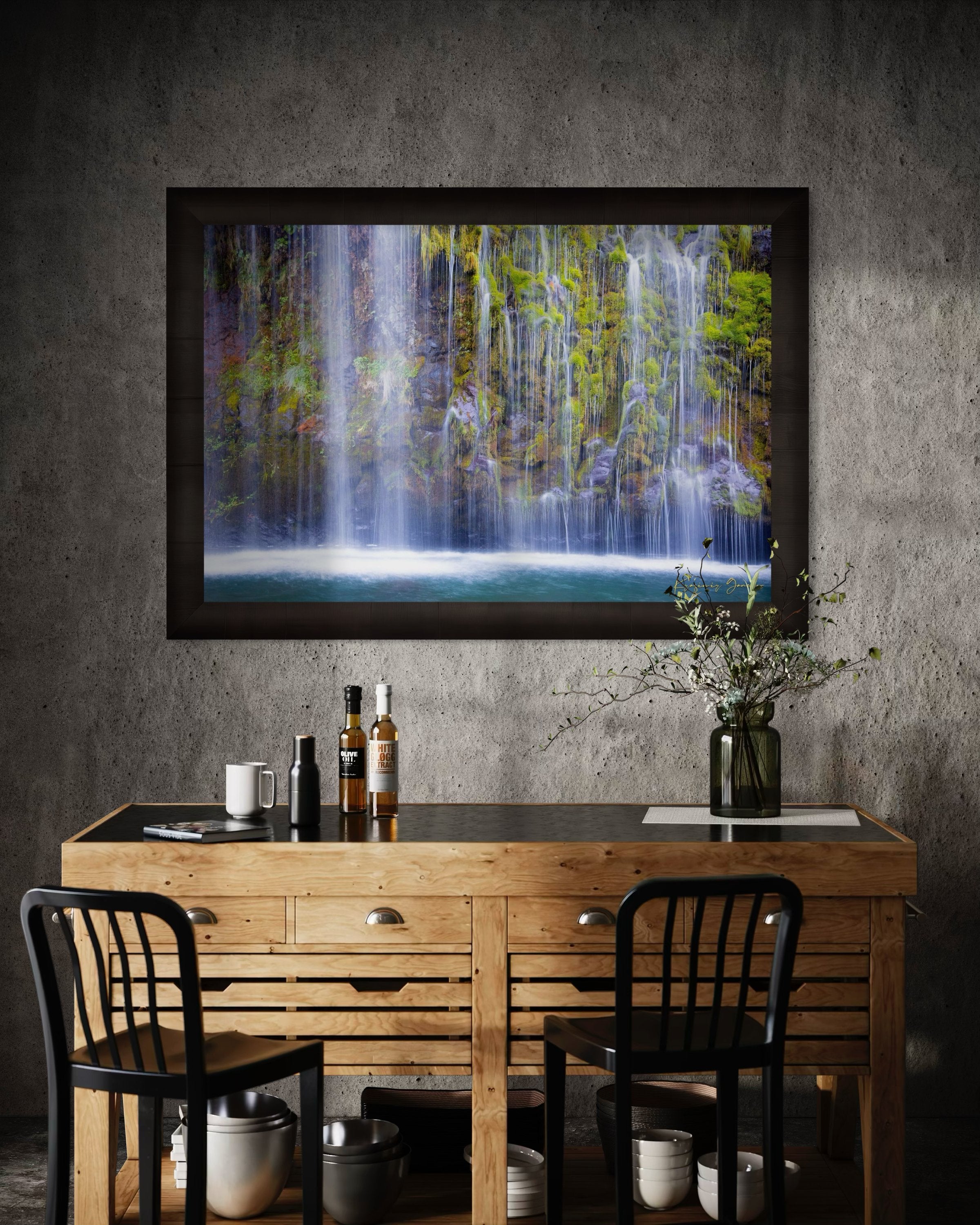 Waterfall cascading through a forested gorge at Mossbrae Falls during daylight with visible mist and dynamic movement. #Finish_Roma Dark Ash Frame