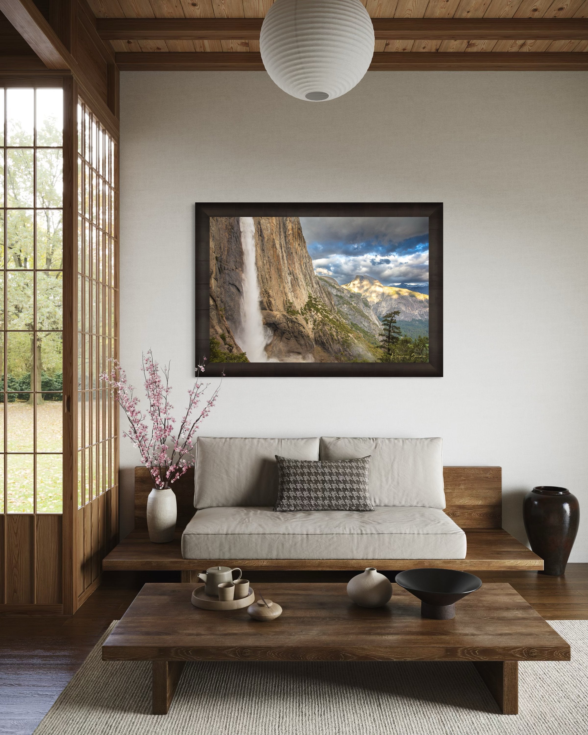 Half Dome illuminated by sunset light through dense storm clouds with waterfall below. #Finish_Roma Dark Ash Frame