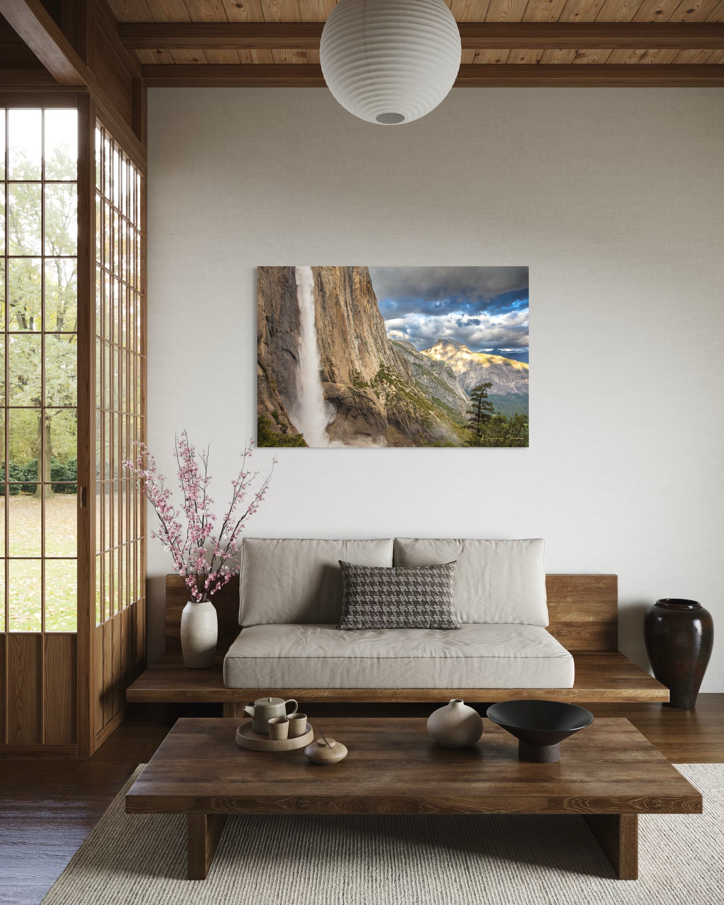 Half Dome illuminated by sunset light through dense storm clouds with waterfall below. #Finish_Acrylic Recess