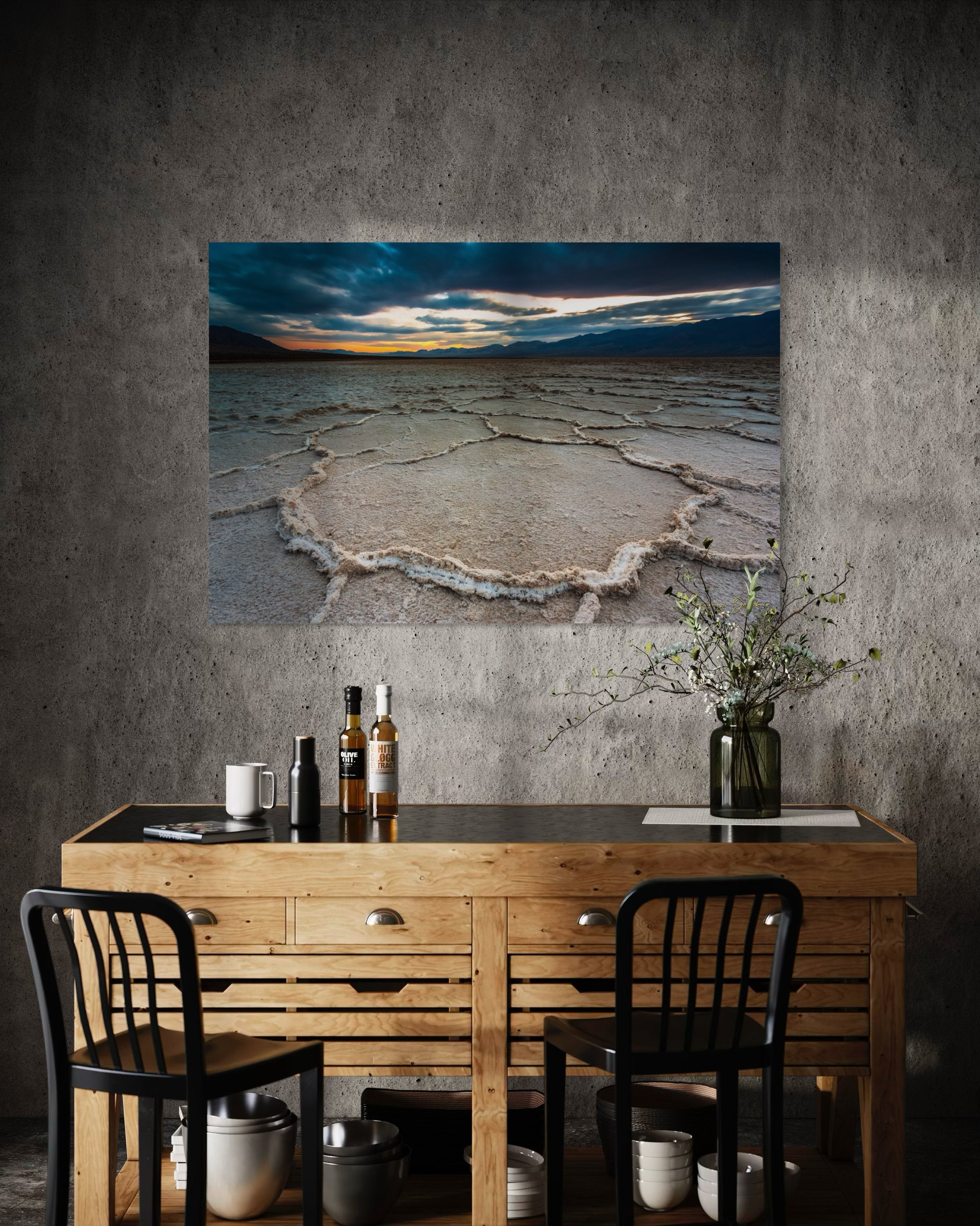 Expansive desert salt flat of Badwater Basin beneath a sky filled with storm clouds and setting sun in Death Valley. #Finish_Acrylic Recess