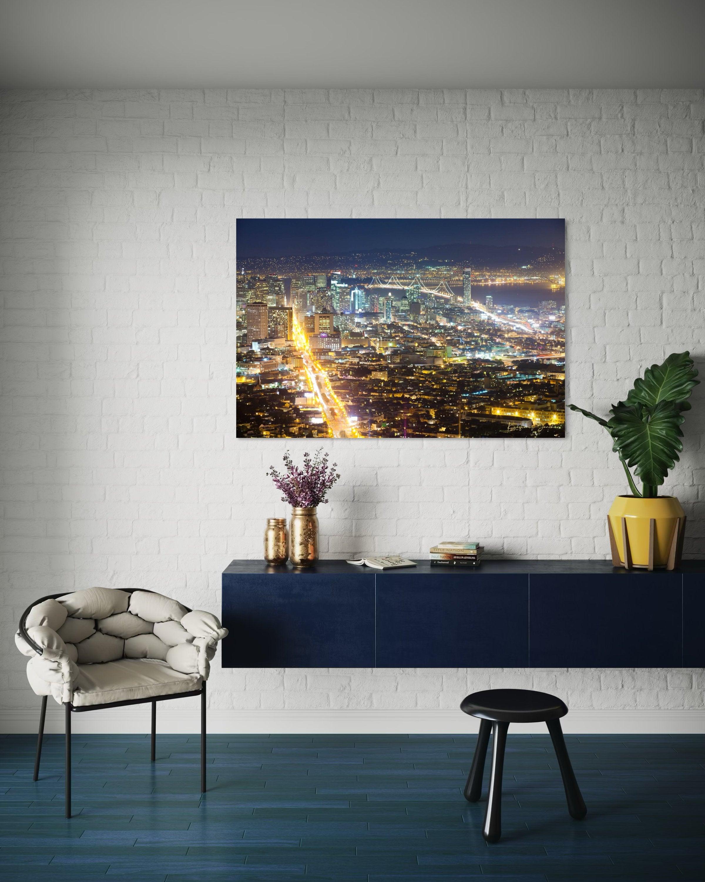 Nighttime panoramic view from Twin Peaks, San Francisco, with illuminated city lights reflected on the bay through a layer of mist. #Finish_Acrylic Recess