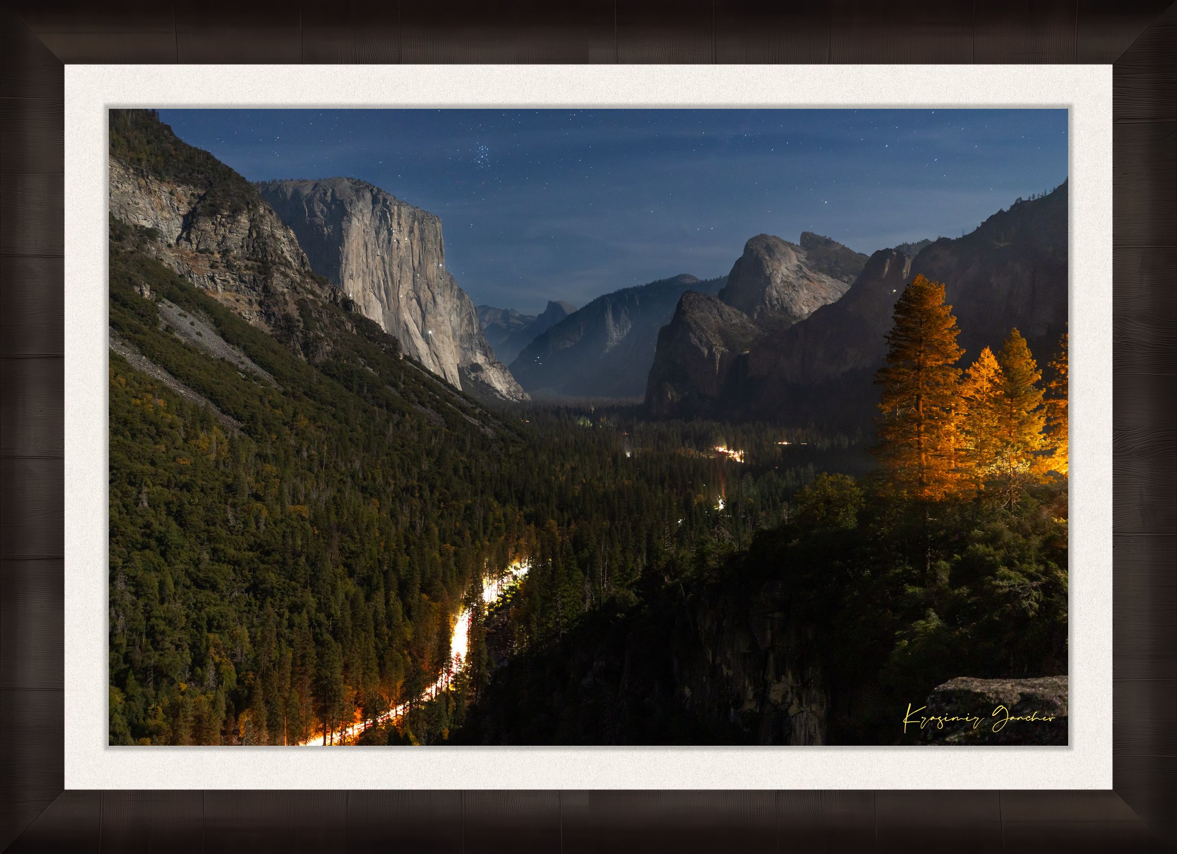 El Capitan at night in Yosemite Valley, moonlight revealing climbing gear and waterfall with clouds above, serene wilderness scene. #Finish_Roma Dark Ash Frame & Bright Liner