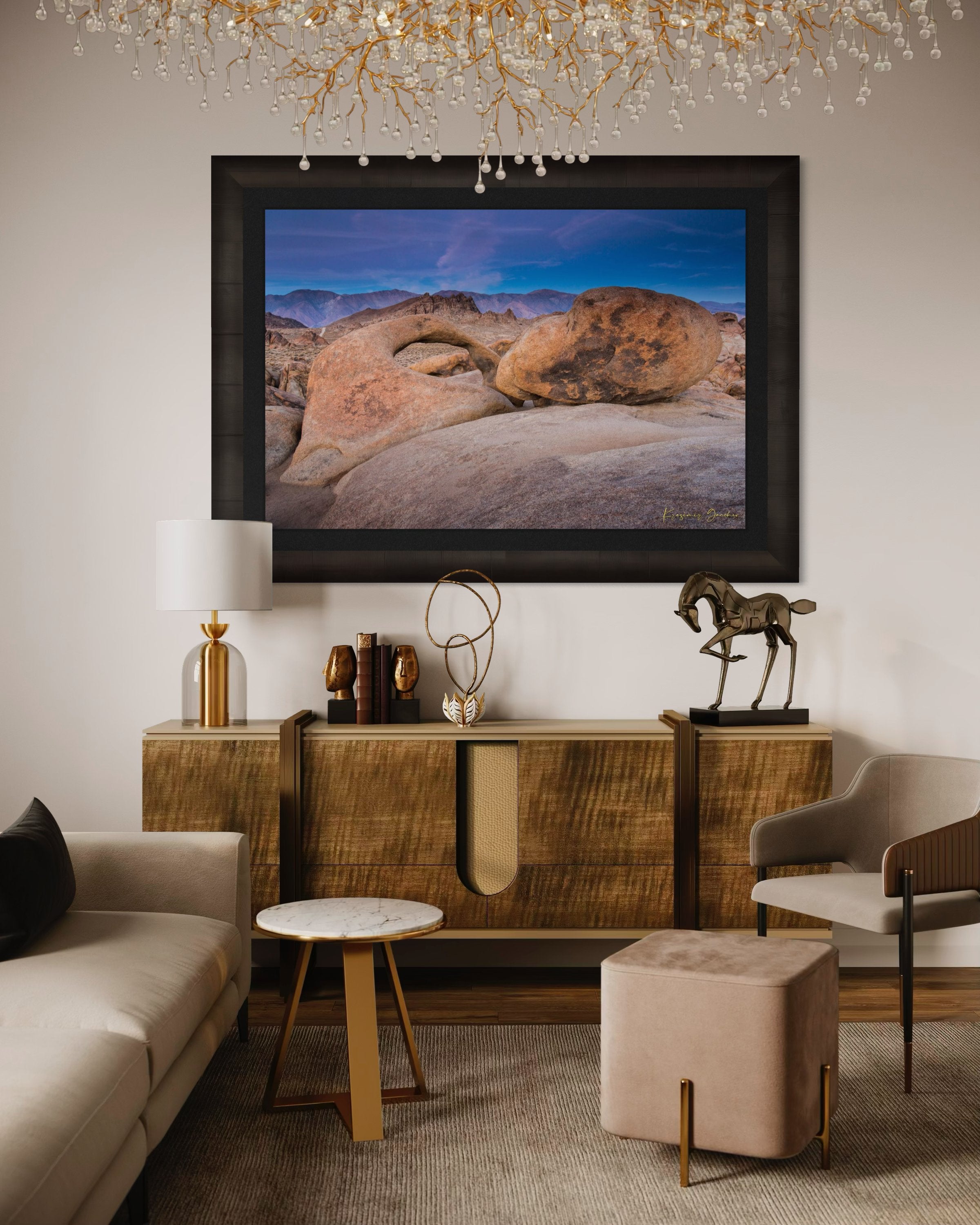 Natural sandstone arch standing against a dusky sky with scattered clouds and dry terrain in Inyo National Forest. #Finish_Roma Dark Ash Frame & Dark Liner