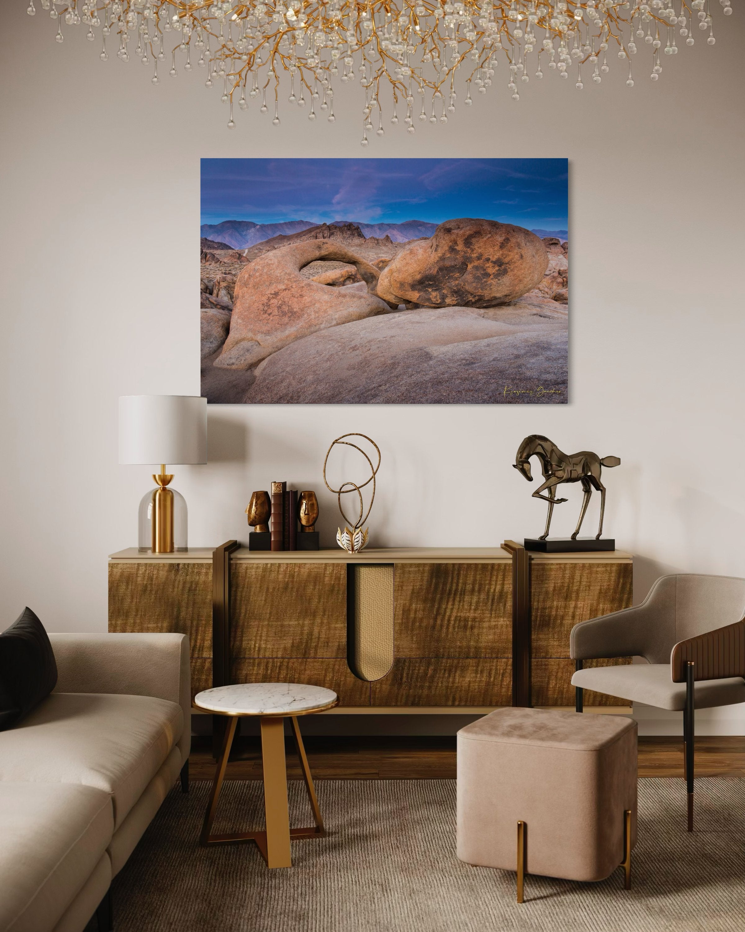 Natural sandstone arch standing against a dusky sky with scattered clouds and dry terrain in Inyo National Forest. #Finish_Acrylic Recess