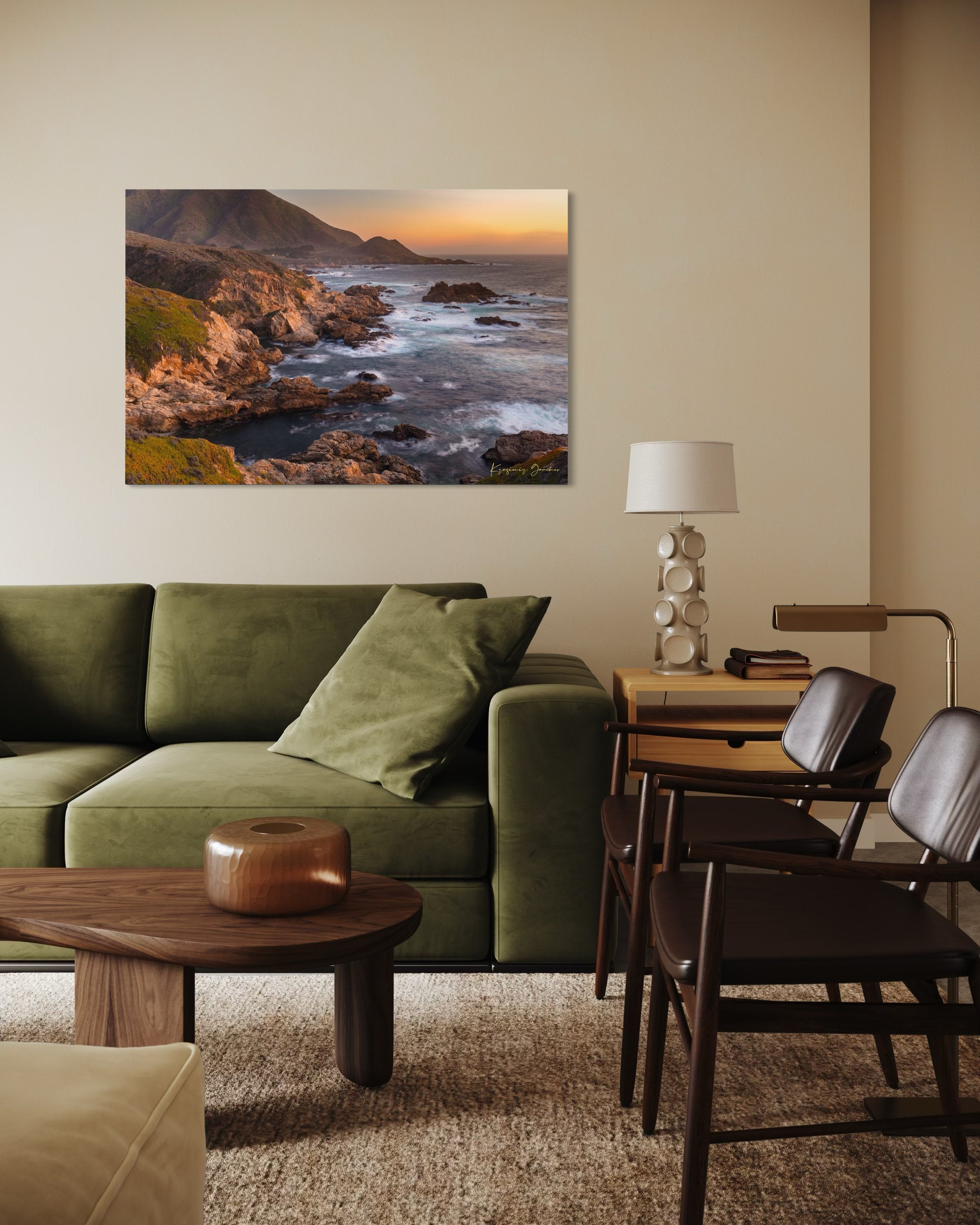 Rugged coastline of Big Sur featuring dark boulder formations, green slopes, ocean waves, and soft sunset glow across land and sea. #Finish_Acrylic Recess
