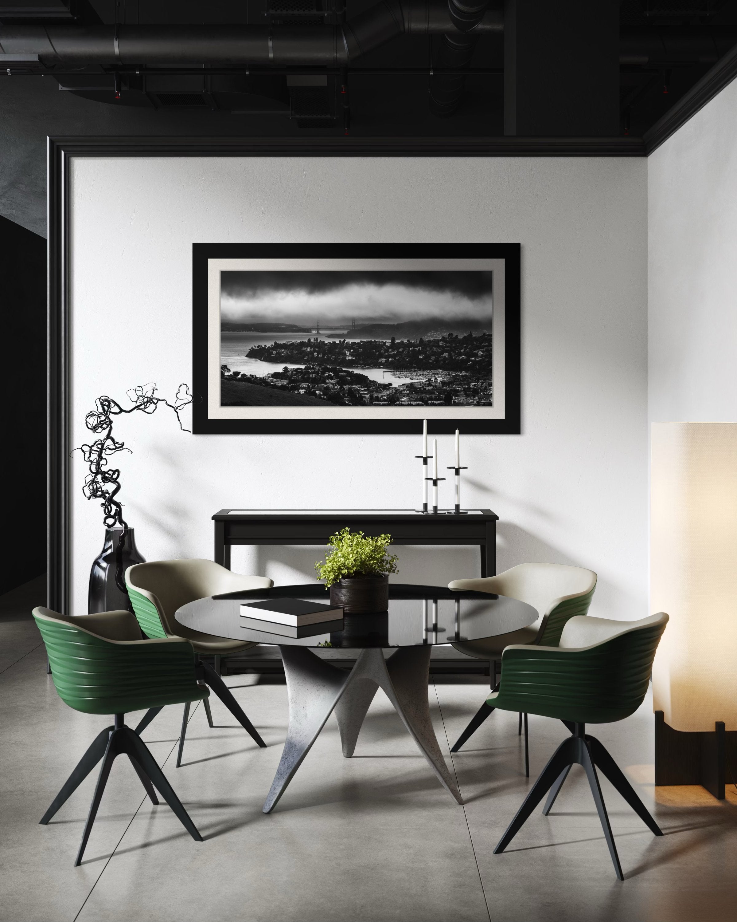 Golden Gate Bridge visible through fog at dusk above the San Francisco Bay with Tiburon cityscape in foreground. #Finish_Roma Satin Black Frame & Bright Liner