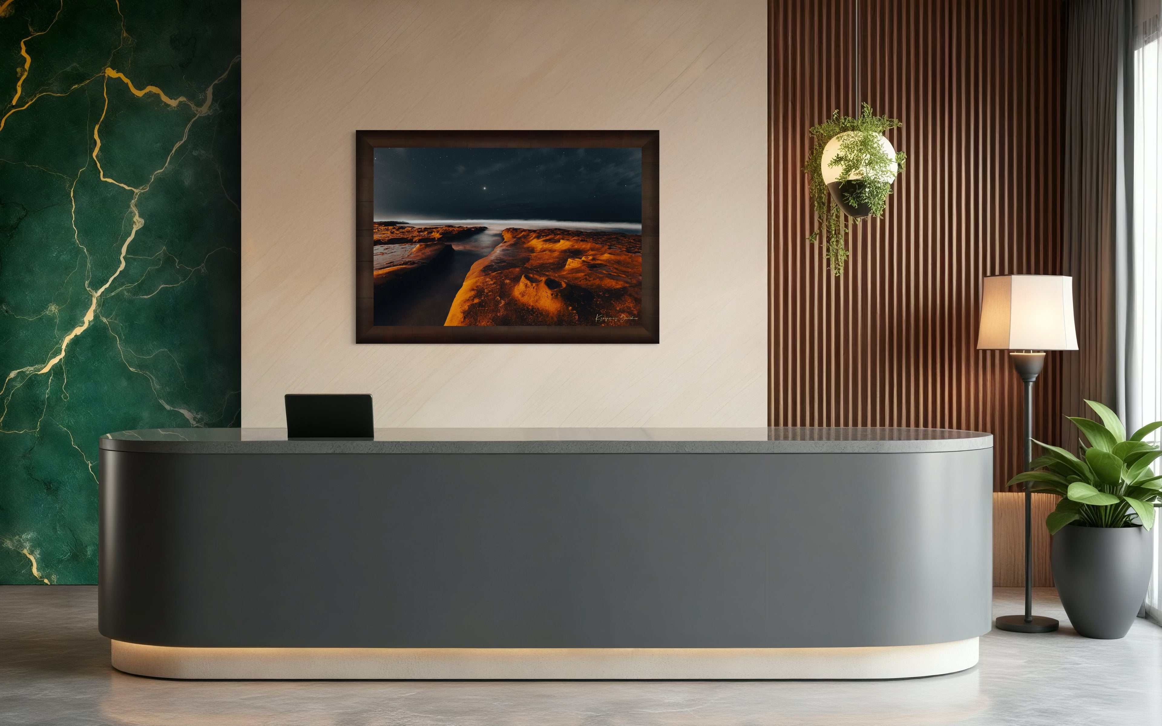 Nighttime La Jolla coastal scene showing tide pools under a starry sky with reflective ocean surface mirroring the stars. #Finish_Roma Cigar Leaf Frame