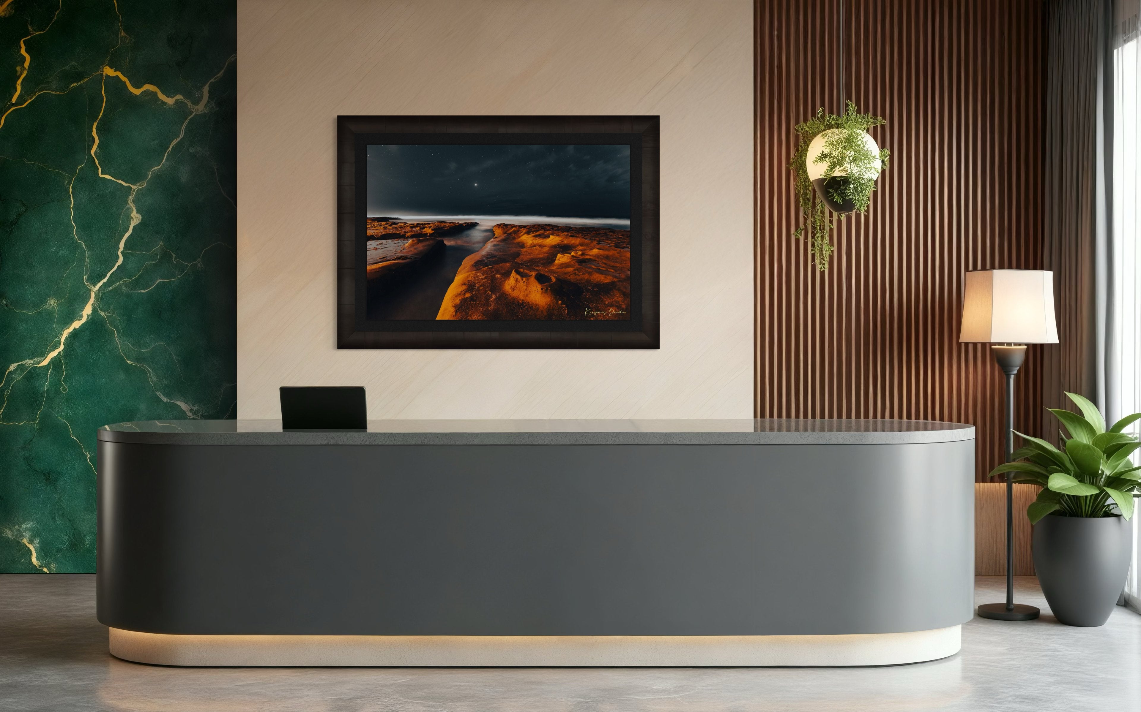 Nighttime La Jolla coastal scene showing tide pools under a starry sky with reflective ocean surface mirroring the stars. #Finish_Roma Dark Ash Frame & Dark Liner