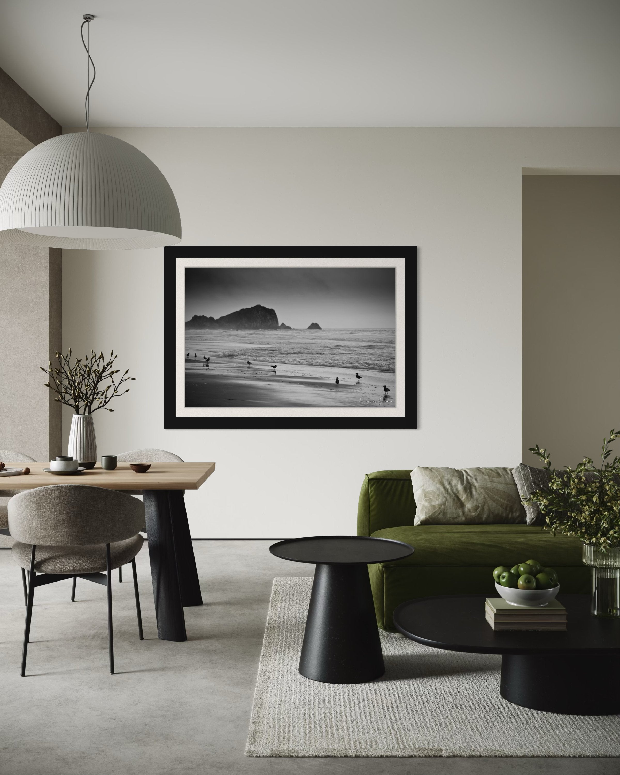 Monochrome coastal view of McClures Beach, featuring endless shoreline under cloudy skies with distant seabirds. #Finish_Roma Satin Black Frame & Bright Liner