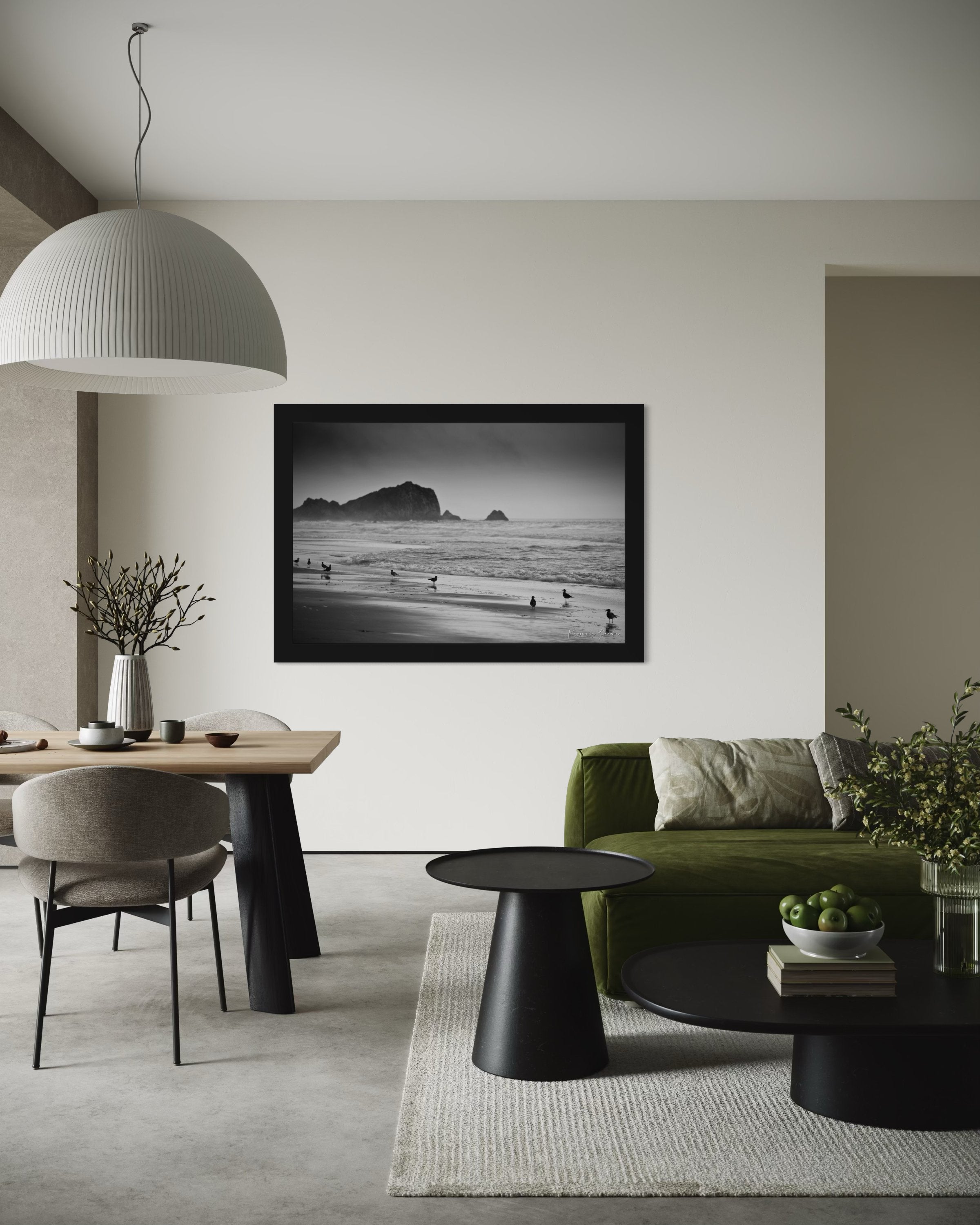 Monochrome coastal view of McClures Beach, featuring endless shoreline under cloudy skies with distant seabirds. #Finish_Roma Satin Black Frame