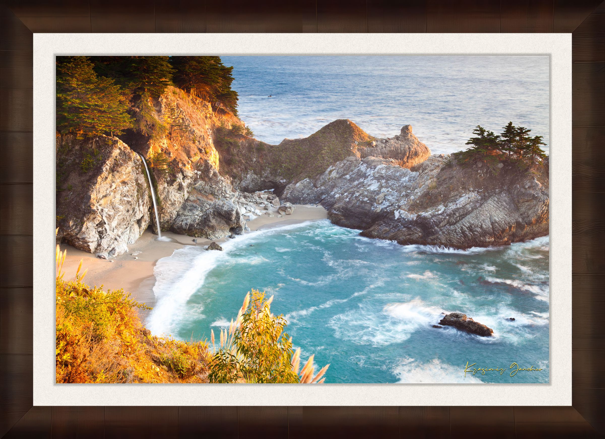 Waterfall cascading onto beach at McWay Falls, Big Sur, captured in golden sunset light. #Finish_Roma Cigar Leaf Frame & Bright Liner