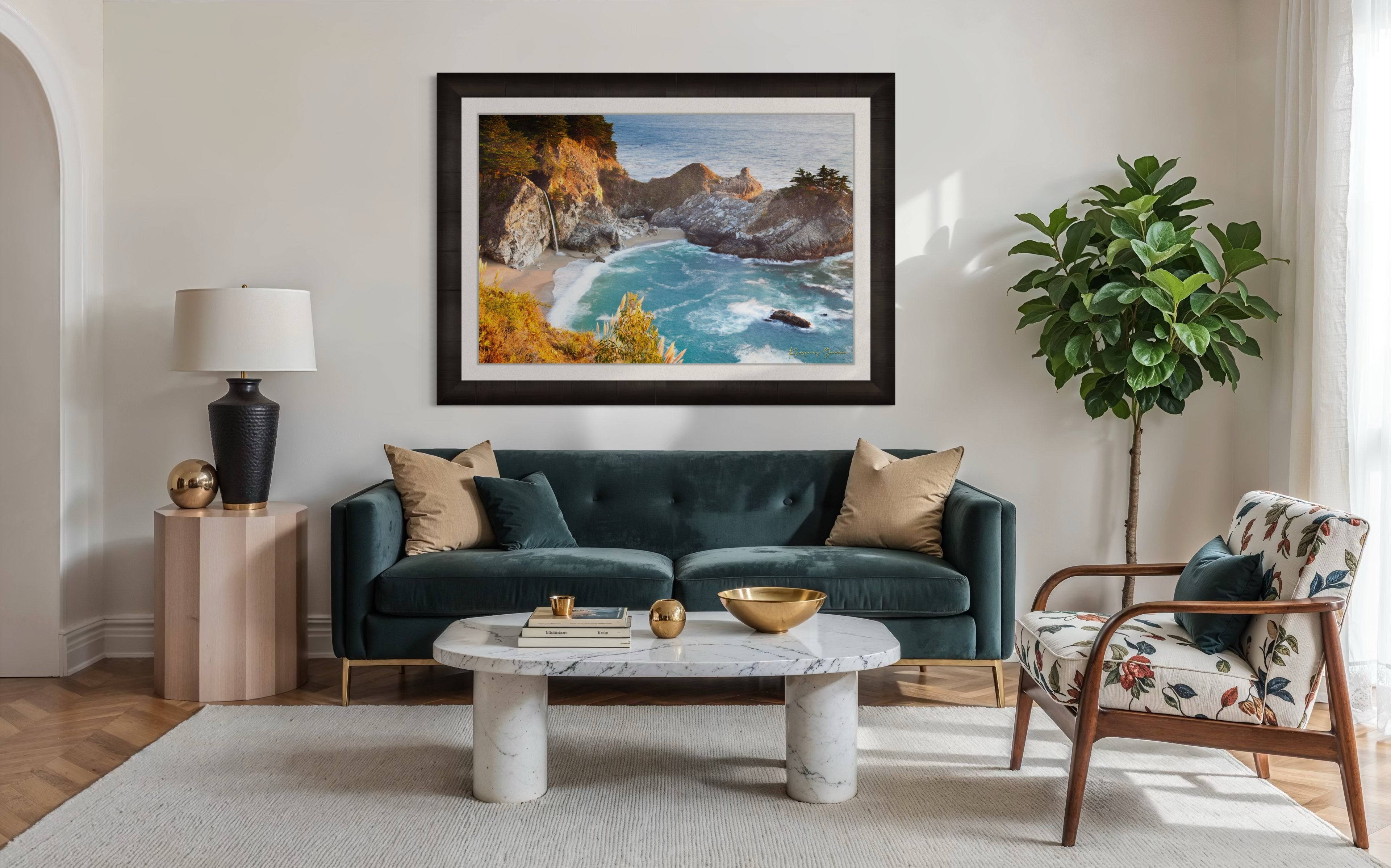 Waterfall cascading onto beach at McWay Falls, Big Sur, captured in golden sunset light. #Finish_Roma Dark Ash Frame & Bright Liner