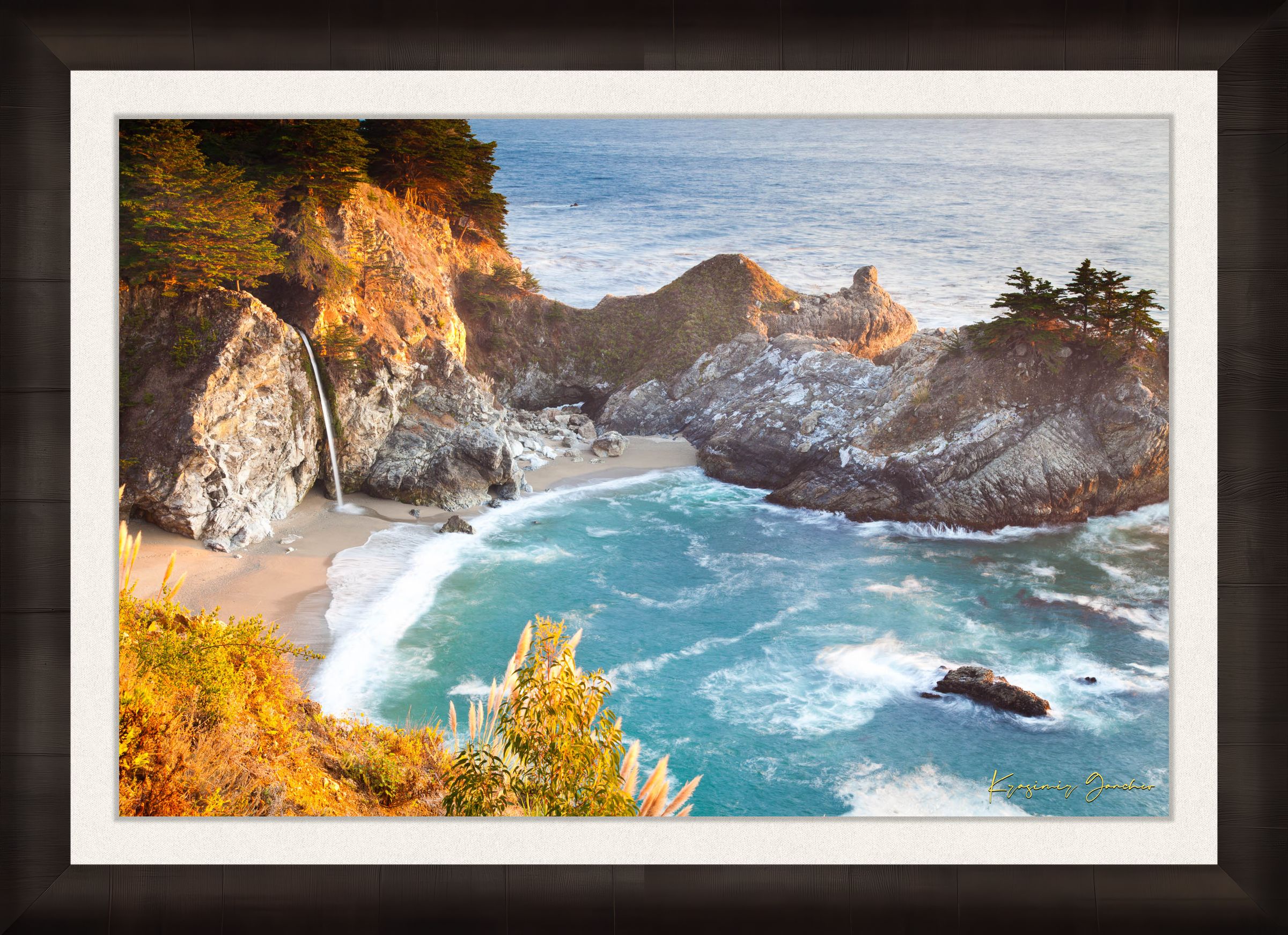 Waterfall cascading onto beach at McWay Falls, Big Sur, captured in golden sunset light. #Finish_Roma Dark Ash Frame & Bright Liner